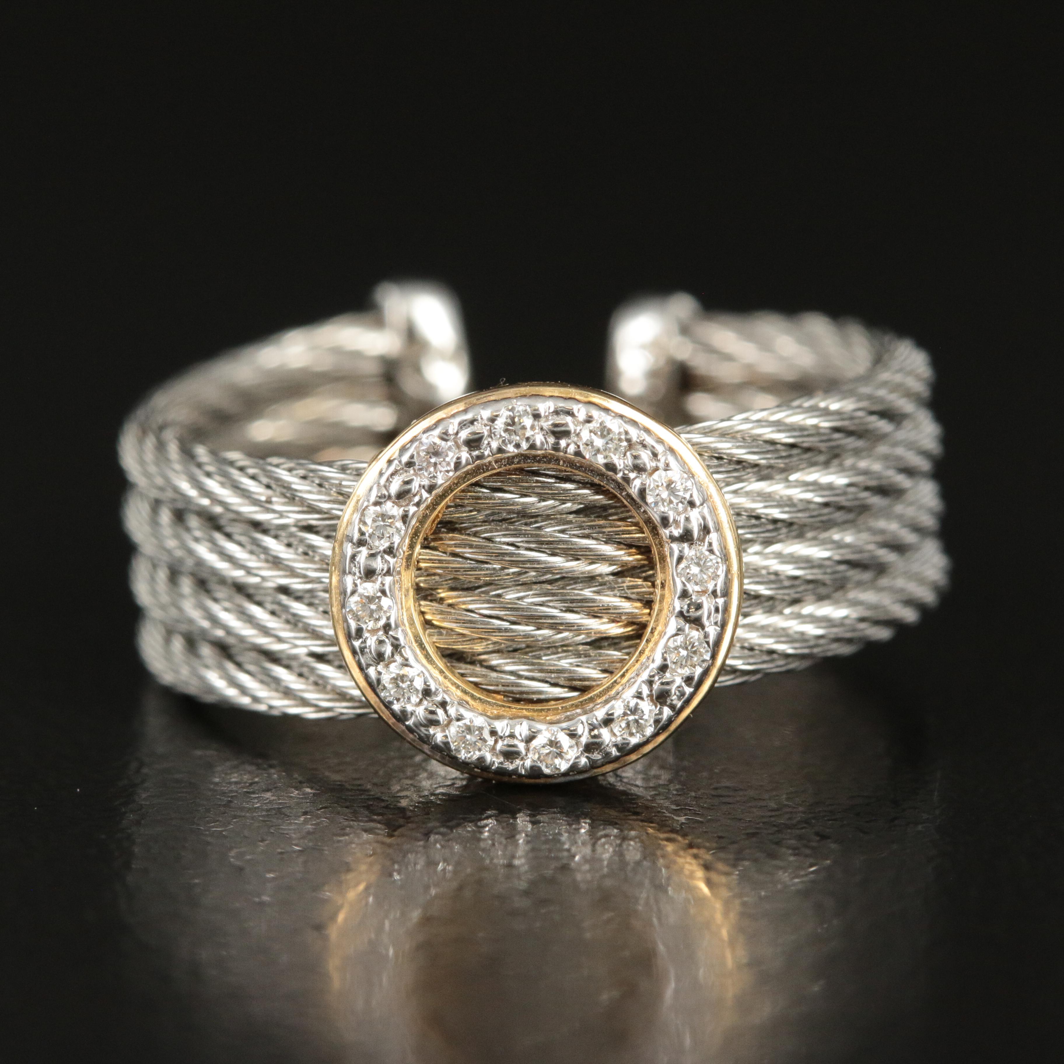Alor Cable Ring with Open Circle Diamond Station and 18K Accent