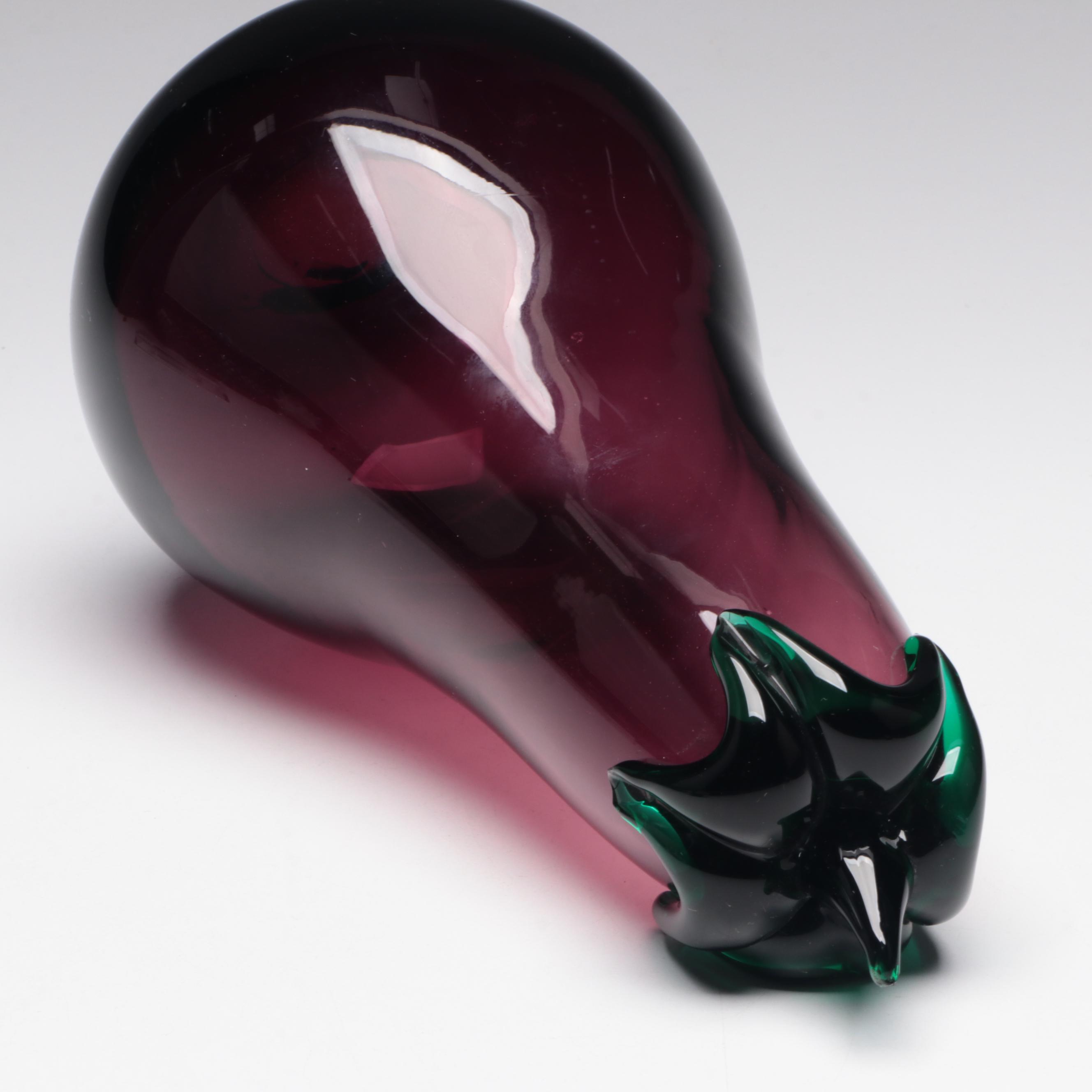 Handmade Art Glass Eggplant with Pressed Carnival Glass Bowl