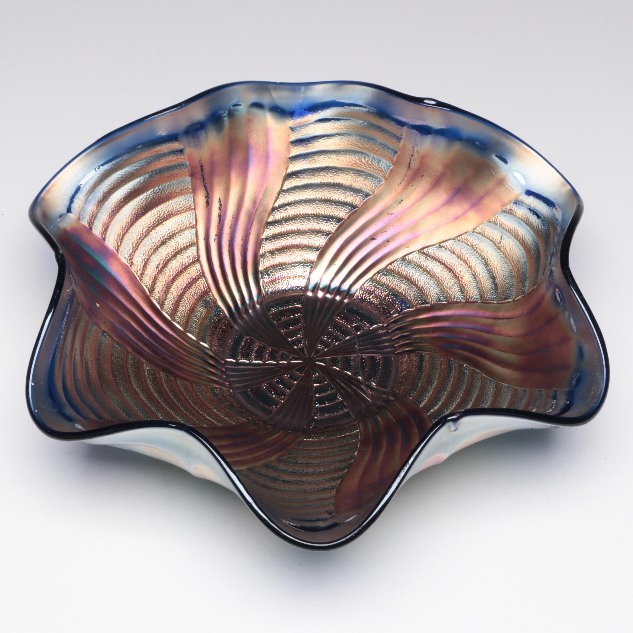 Handmade Art Glass Eggplant with Pressed Carnival Glass Bowl