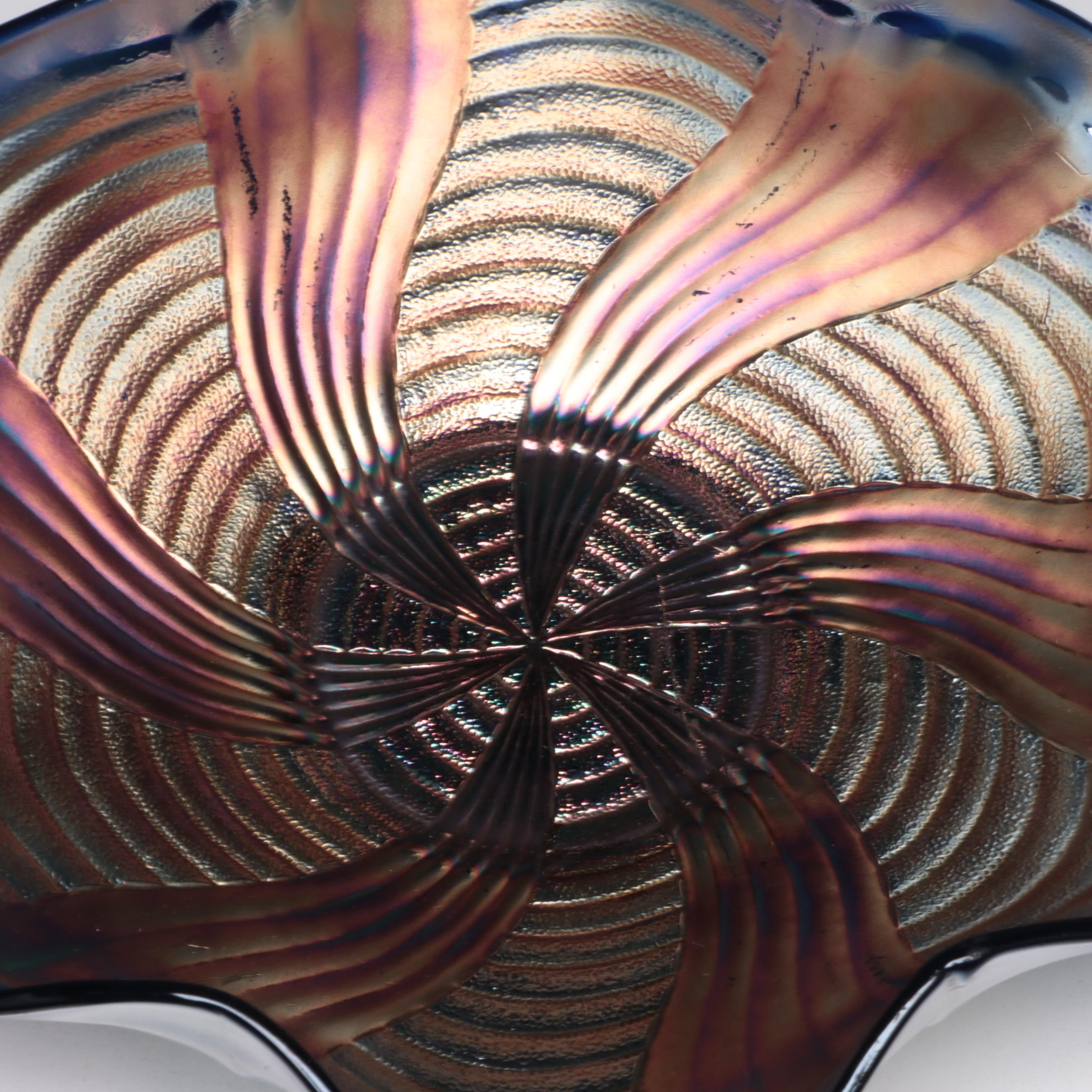 Handmade Art Glass Eggplant with Pressed Carnival Glass Bowl