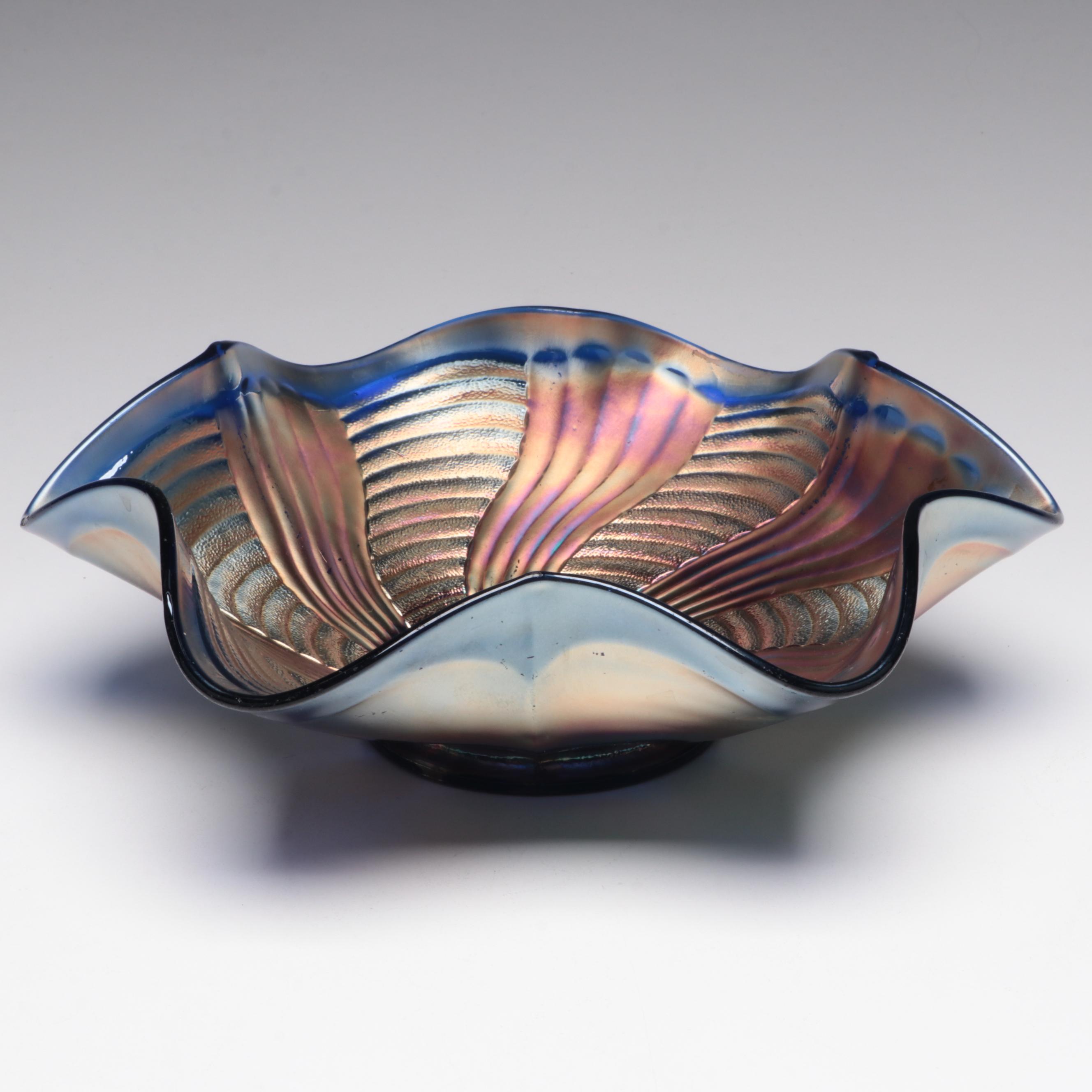 Handmade Art Glass Eggplant with Pressed Carnival Glass Bowl