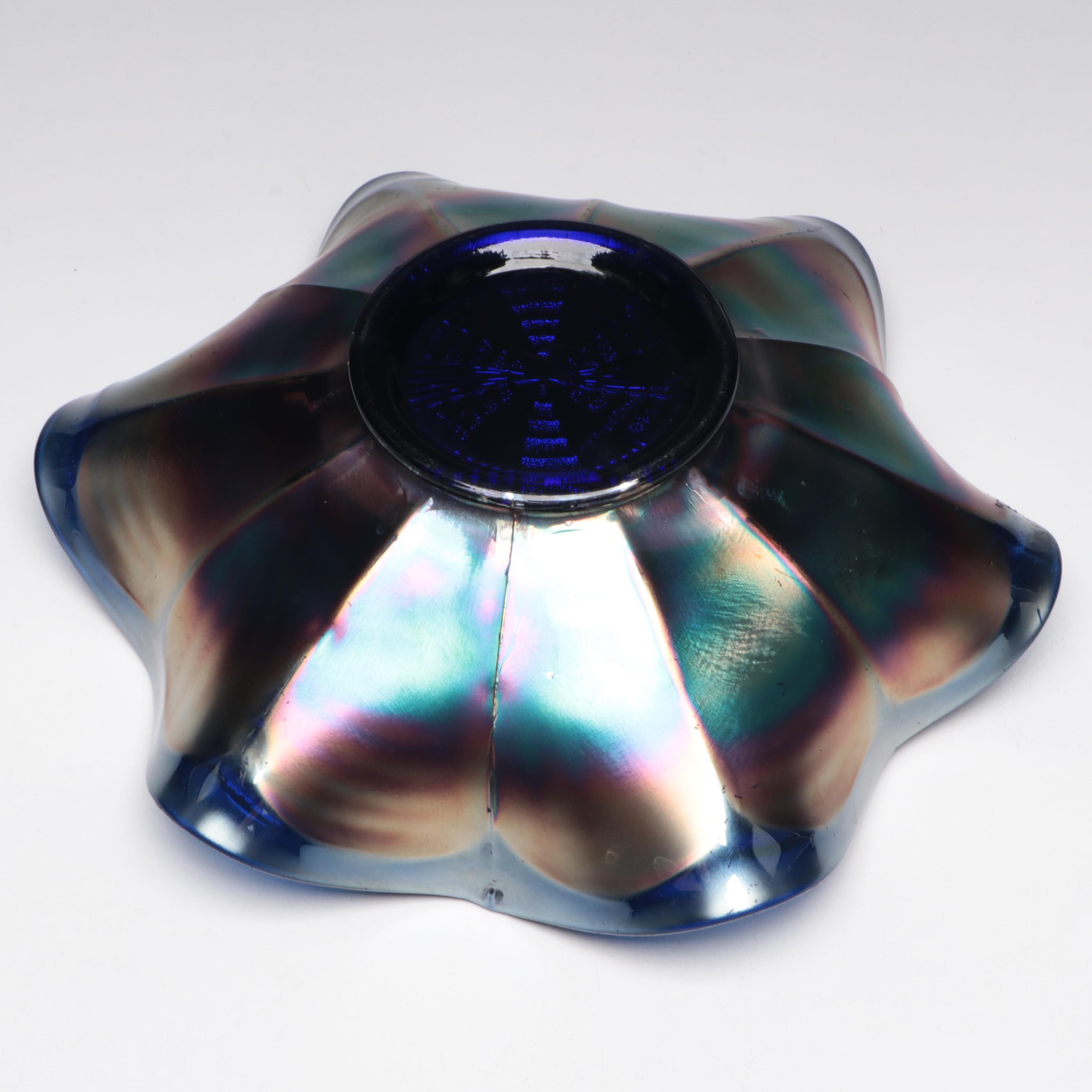 Handmade Art Glass Eggplant with Pressed Carnival Glass Bowl