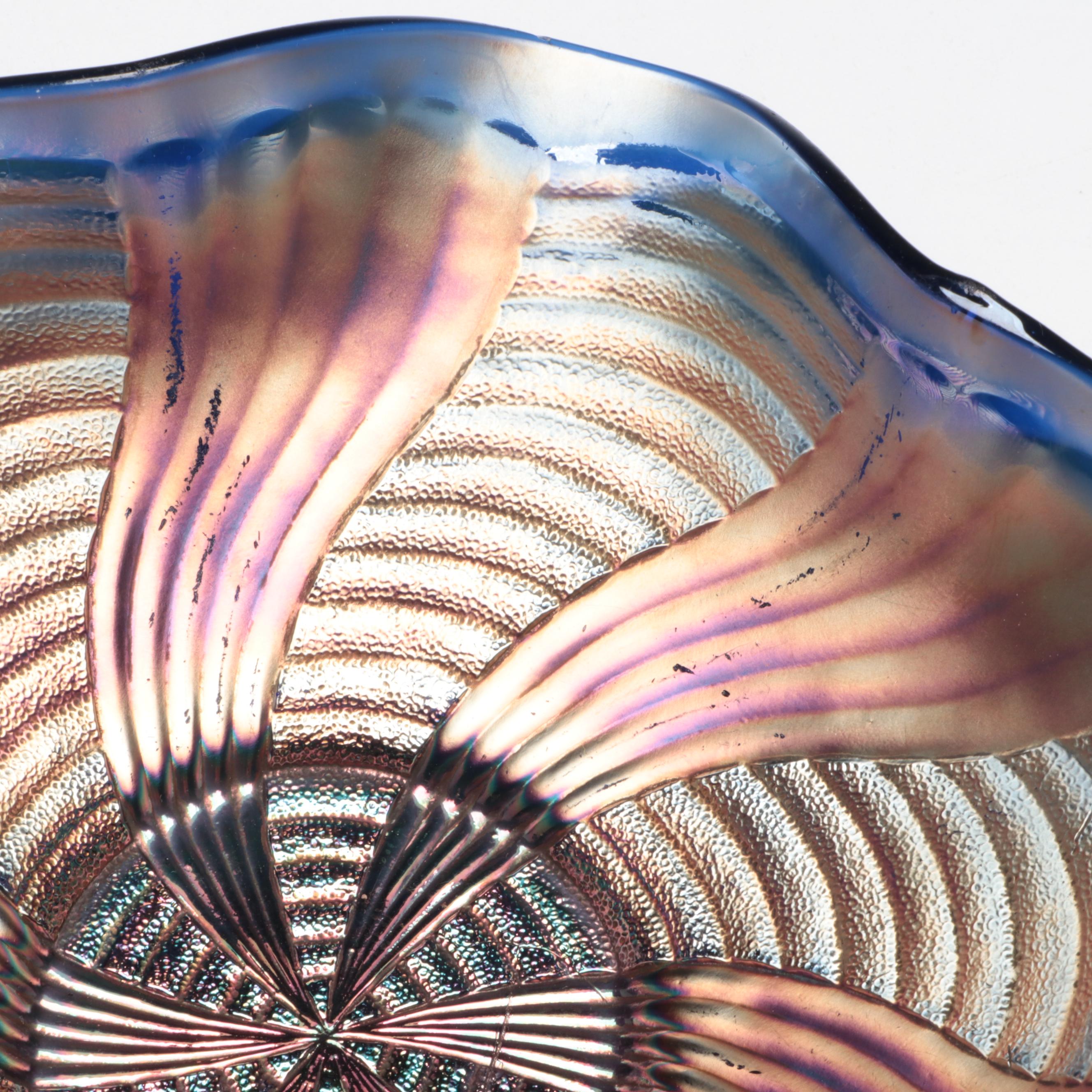 Handmade Art Glass Eggplant with Pressed Carnival Glass Bowl