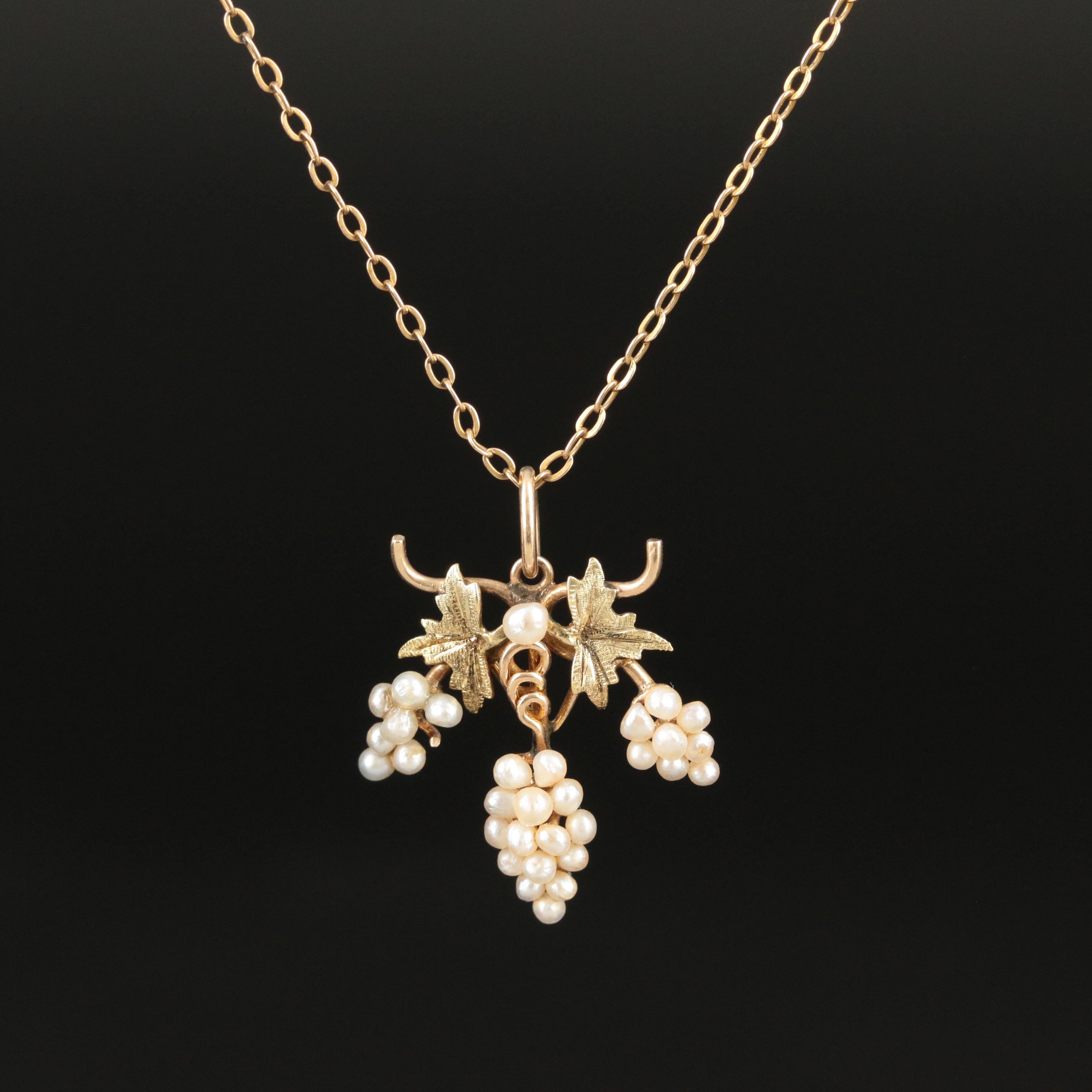 10K Seed Pearl Necklace with Green Gold Accents