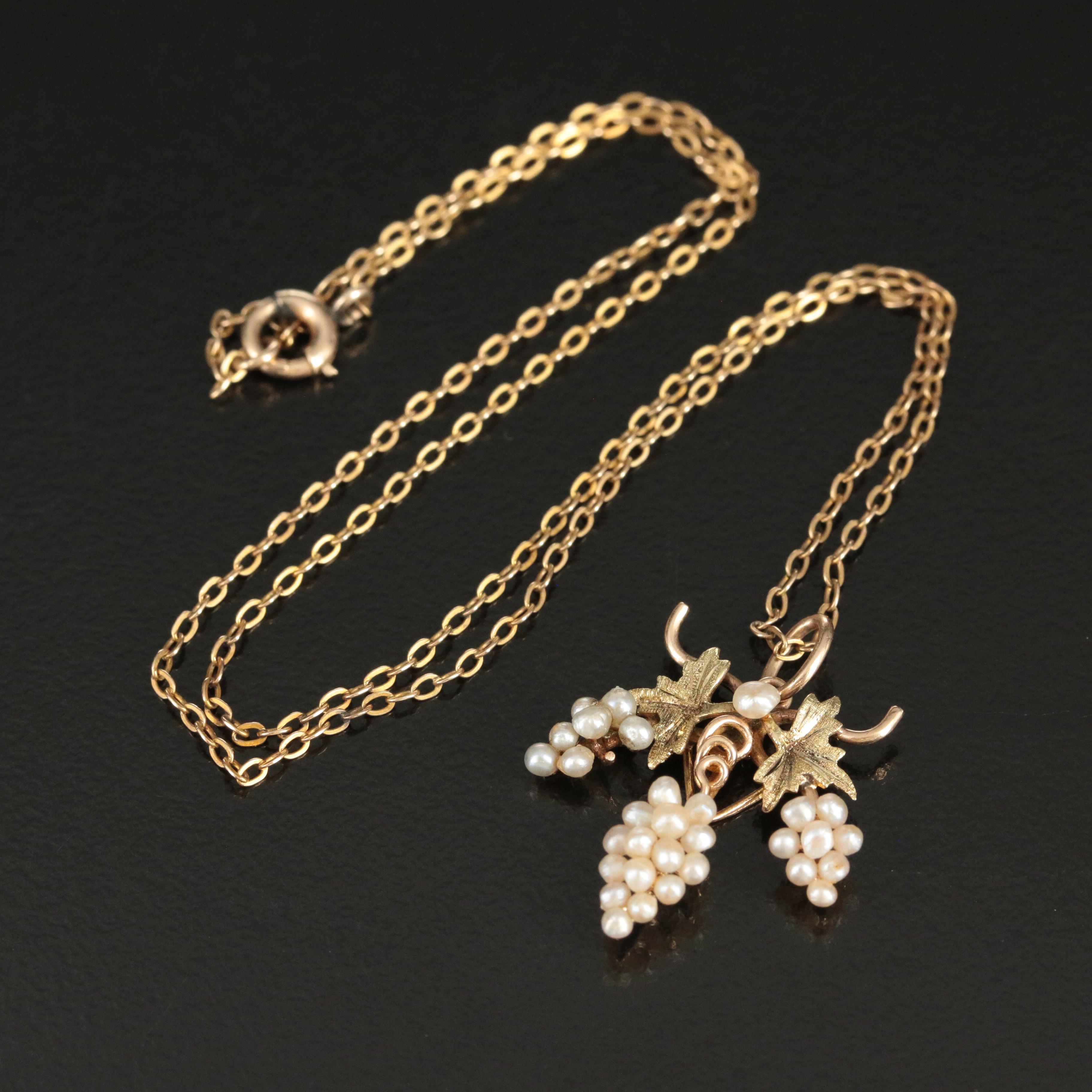 10K Seed Pearl Necklace with Green Gold Accents