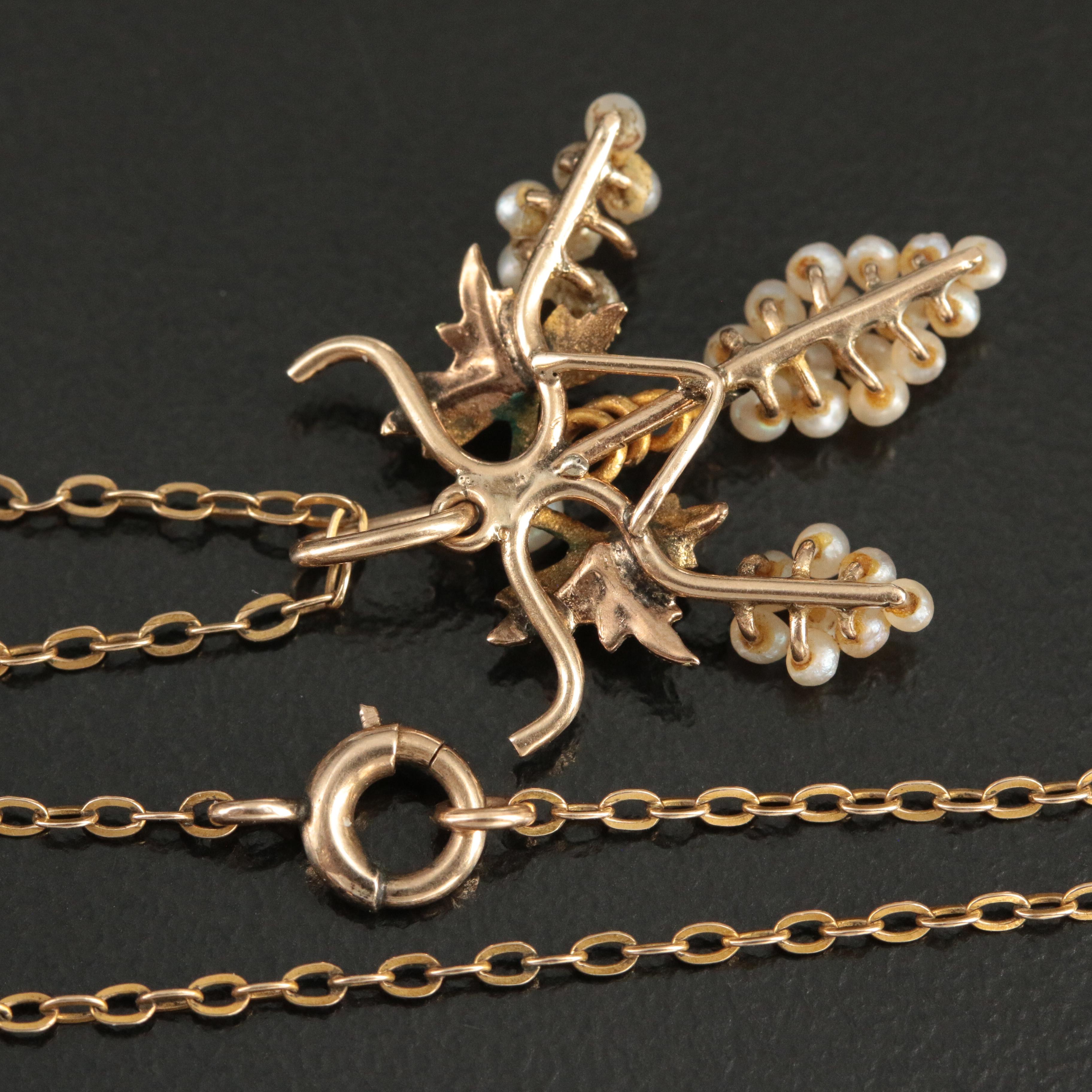 10K Seed Pearl Necklace with Green Gold Accents