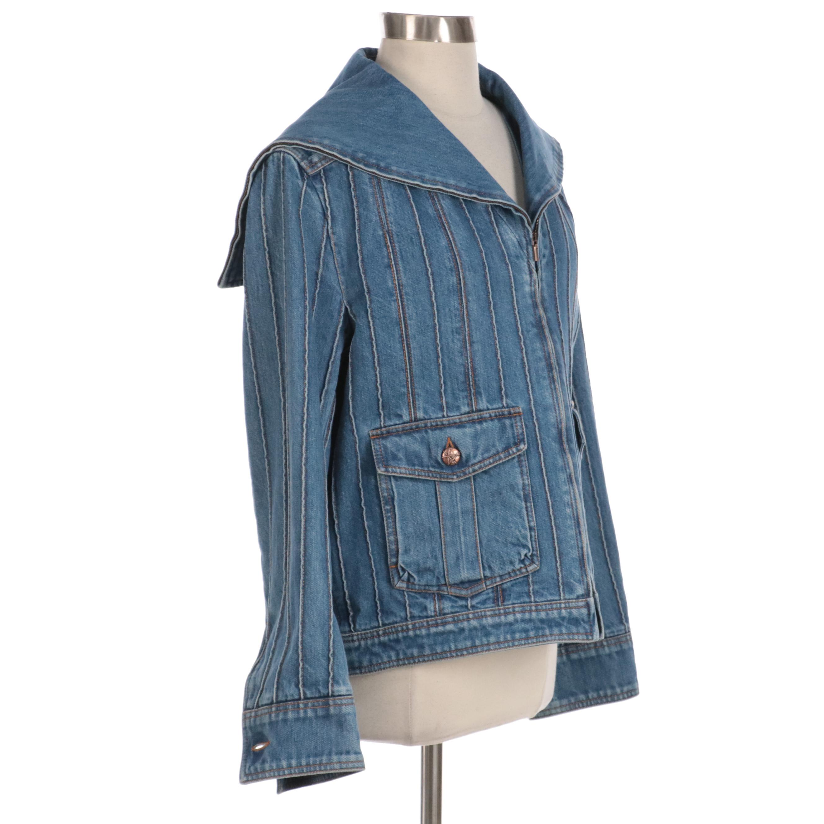Chanel Blue Denim Front-Zip Jacket with Cape Style Collar, New With Tags
