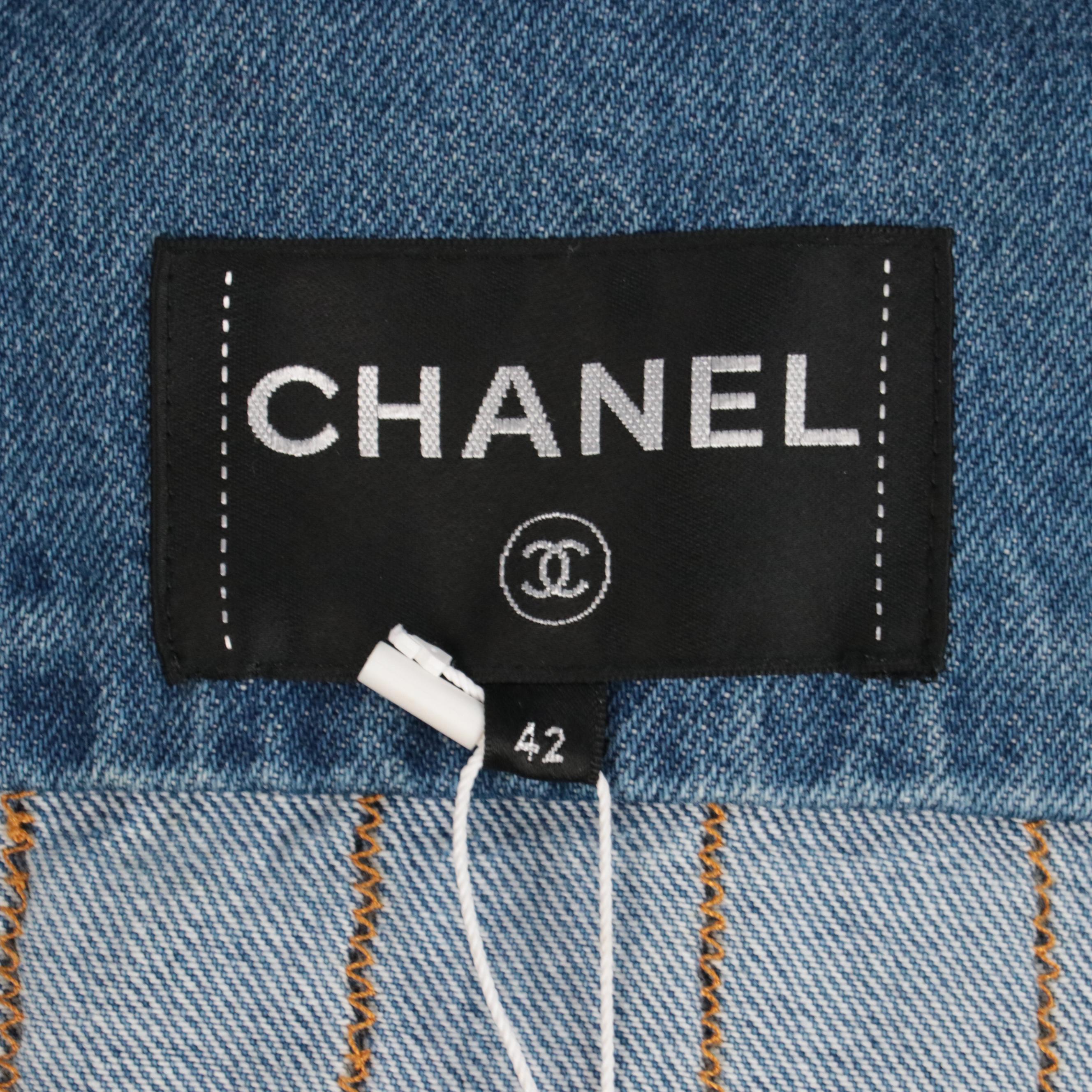 Chanel Blue Denim Front-Zip Jacket with Cape Style Collar, New With Tags