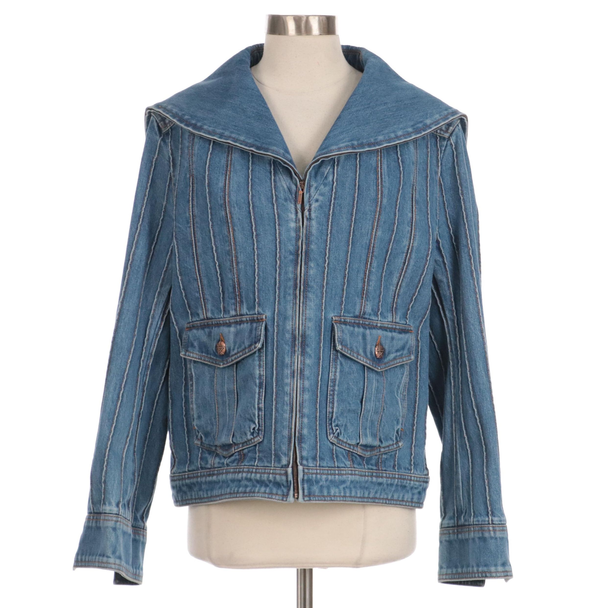 Chanel Blue Denim Front-Zip Jacket with Cape Style Collar, New With Tags