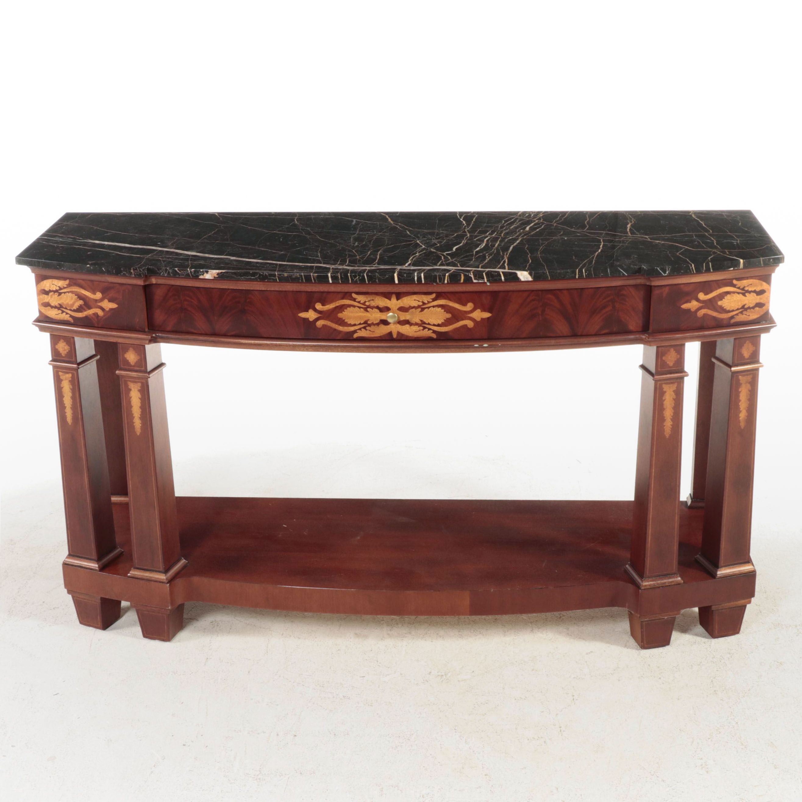 Henredon Empire Style Mahogany, Marquetry and Marble Top Console Table