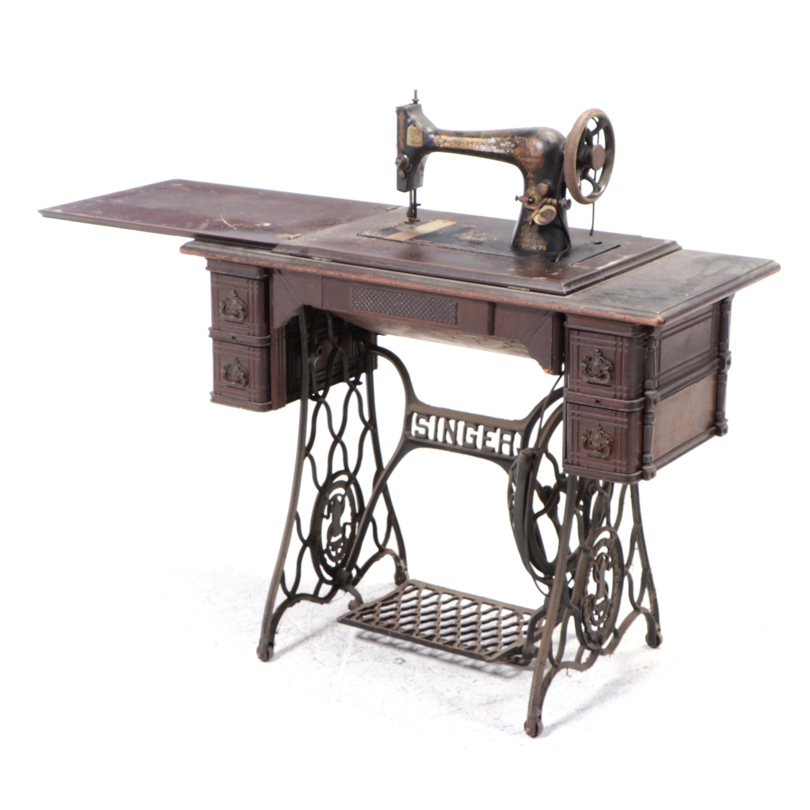 Singer Treadle-Base Iron and Oak Sewing Machine and Cabinet, Early 20th C