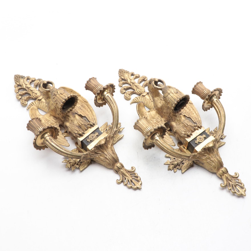 Cast Brass Federal Eagle Wall Sconces With Dual Candle Arms