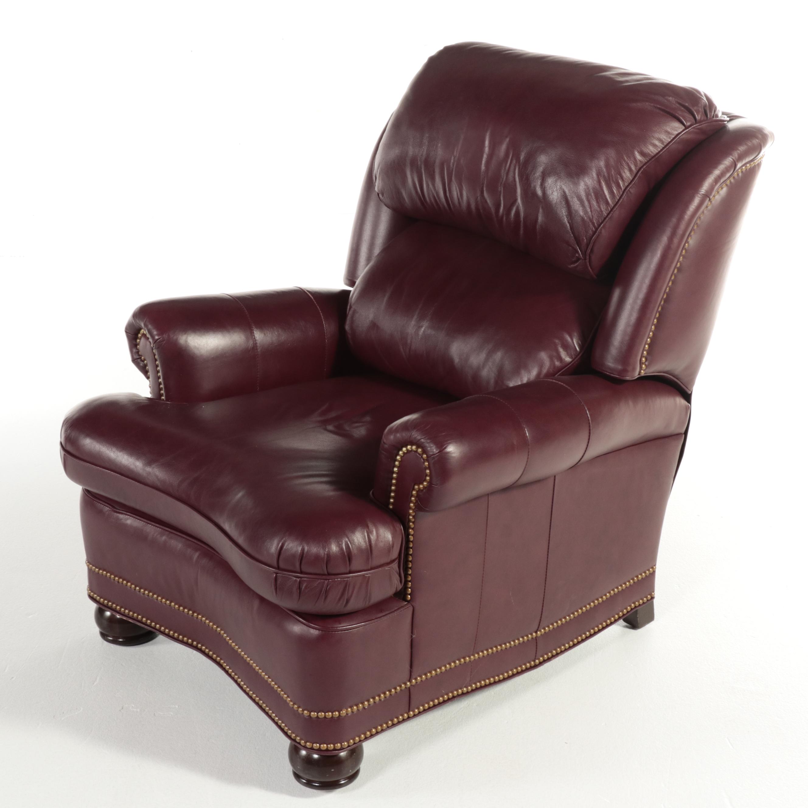 Hancock & Moore Brass-Tacked and Burgundy Leather Reclining Armchair and Ottoman