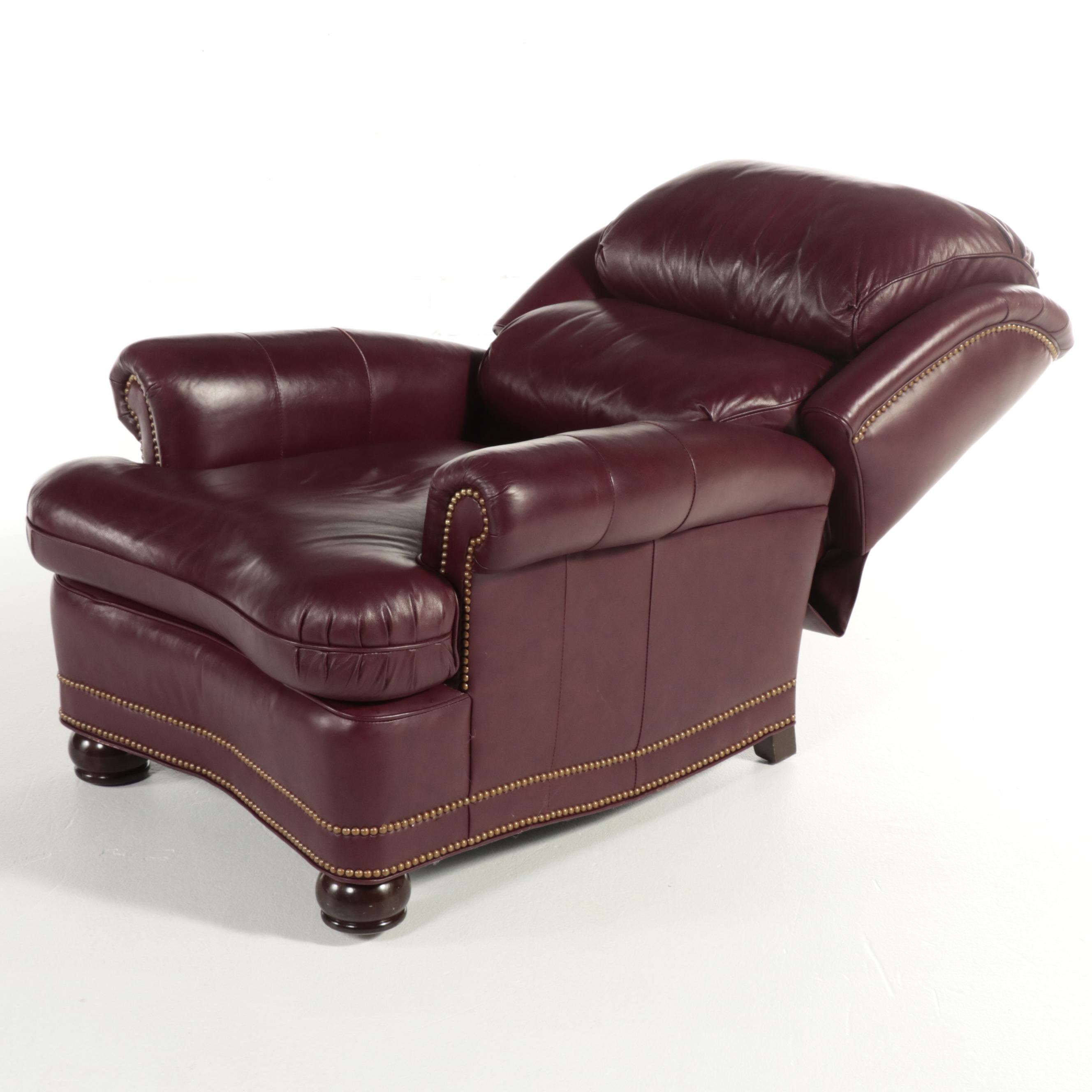 Hancock & Moore Brass-Tacked and Burgundy Leather Reclining Armchair and Ottoman