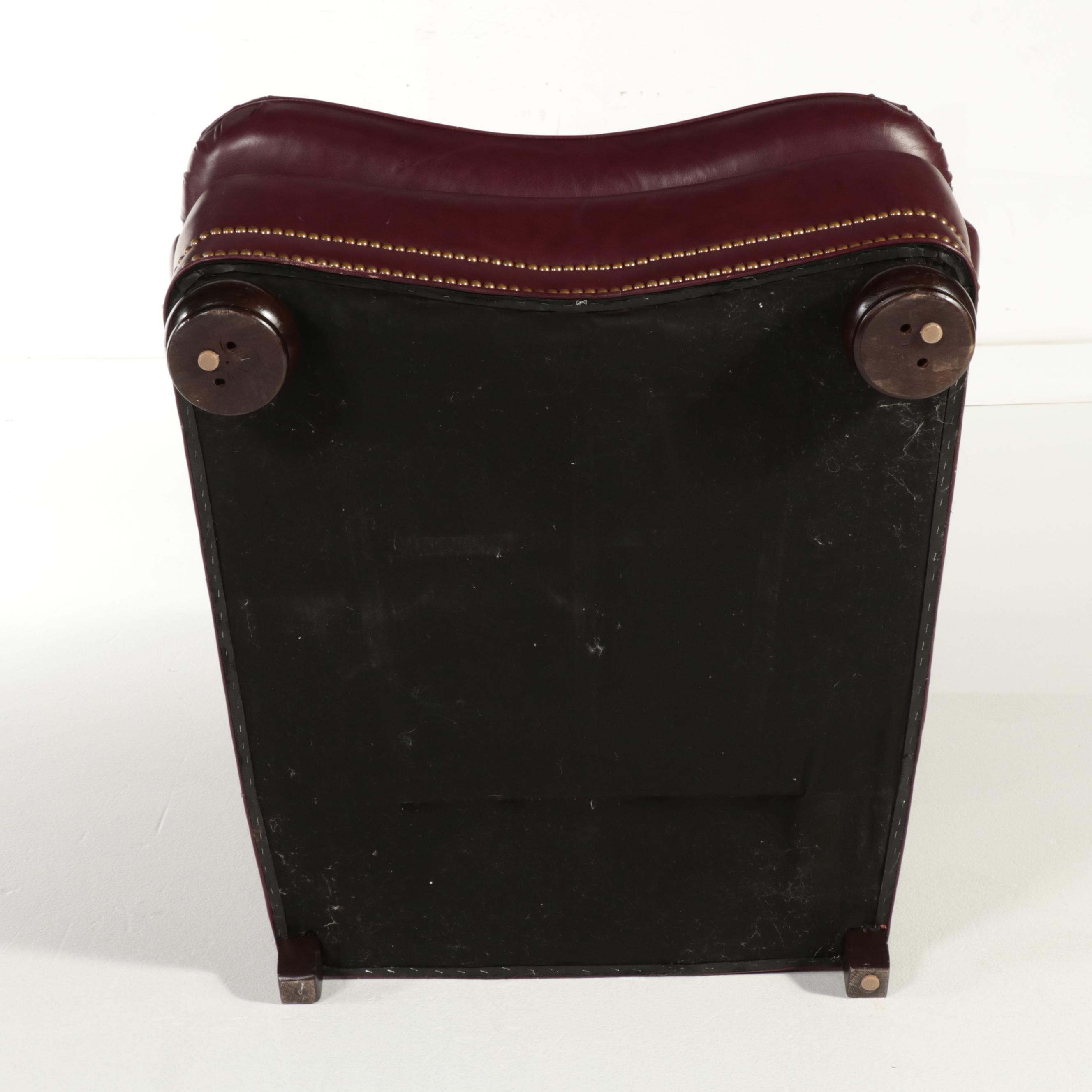 Hancock & Moore Brass-Tacked and Burgundy Leather Reclining Armchair and Ottoman