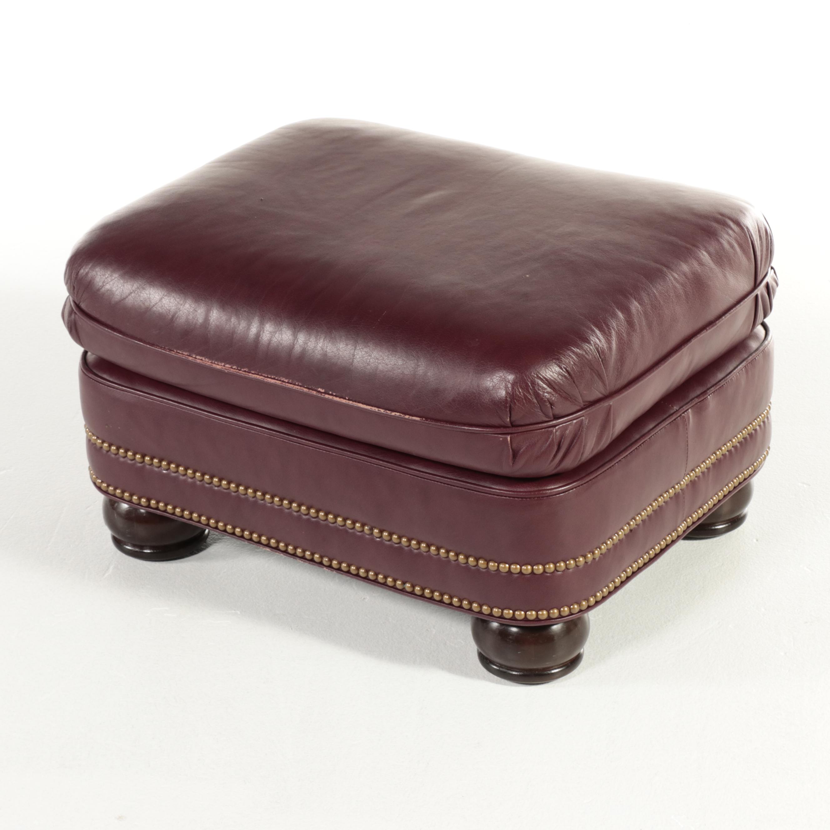 Hancock & Moore Brass-Tacked and Burgundy Leather Reclining Armchair and Ottoman