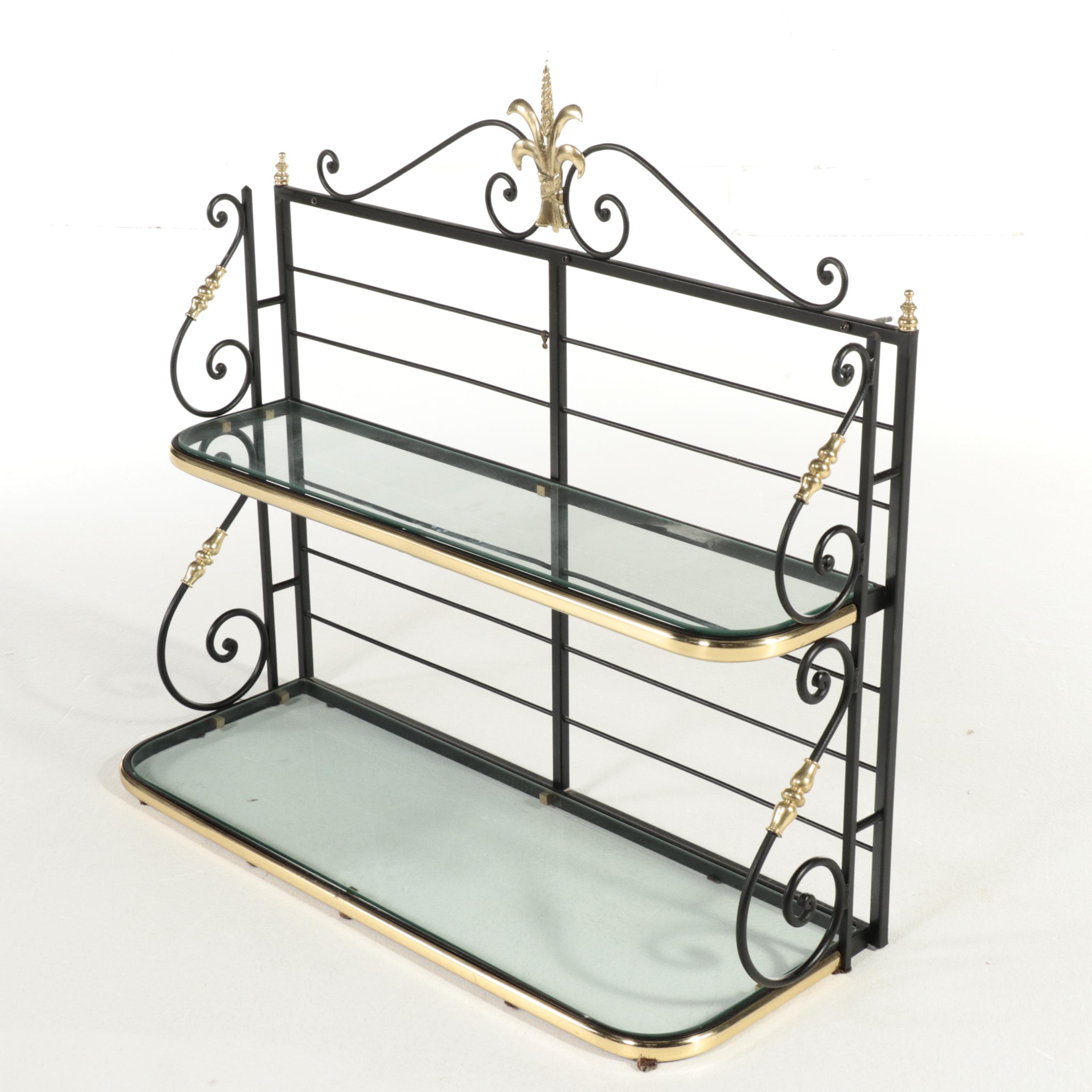 Scrolled Metal and Glass Two-Tier Wall Shelf, Late 20th Century