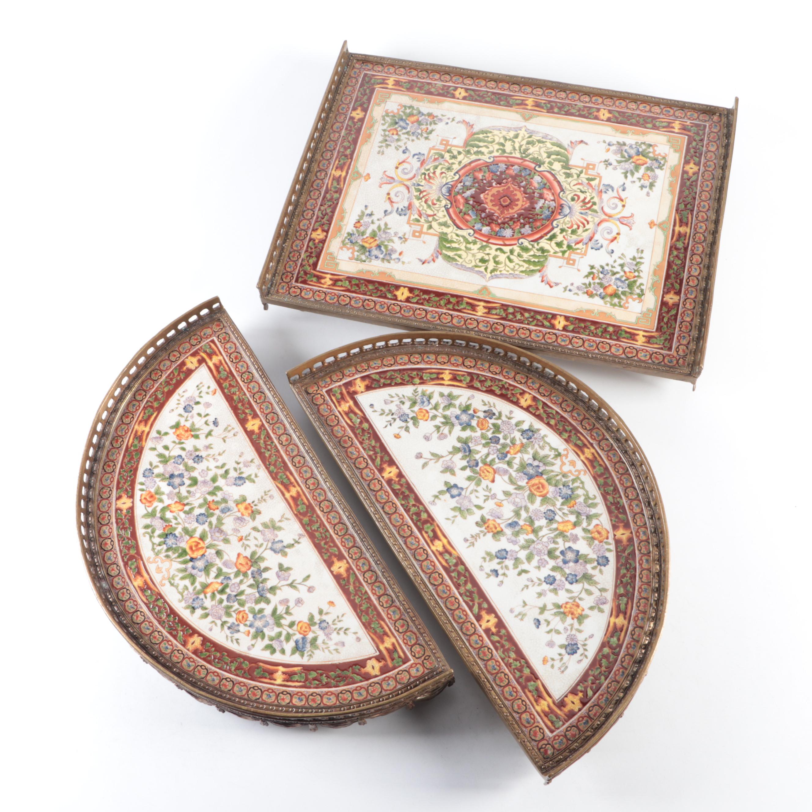 Castilian Imports Three Piece Hand-Painted Ceramic and Bronze Galleried Trays