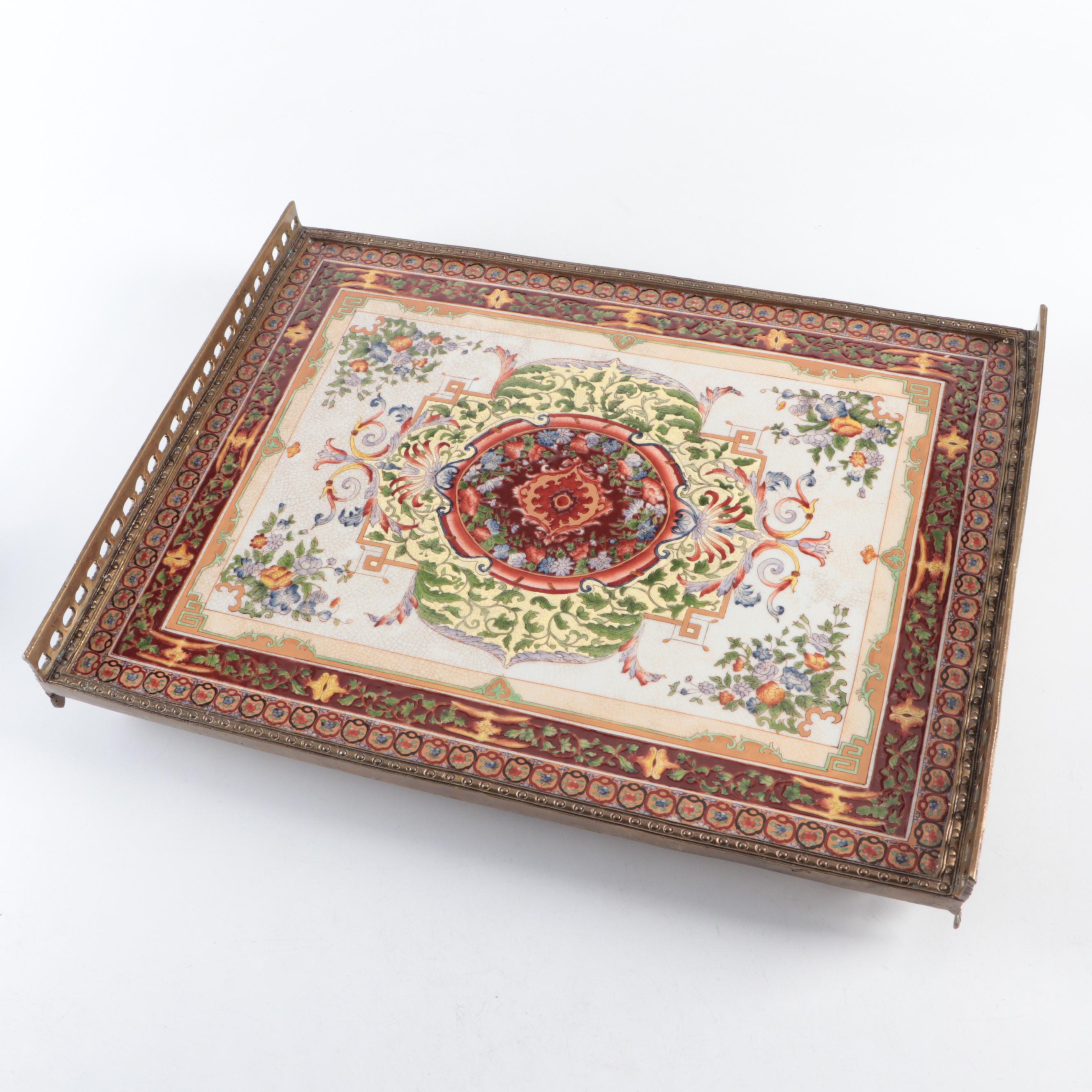 Castilian Imports Three Piece Hand-Painted Ceramic and Bronze Galleried Trays