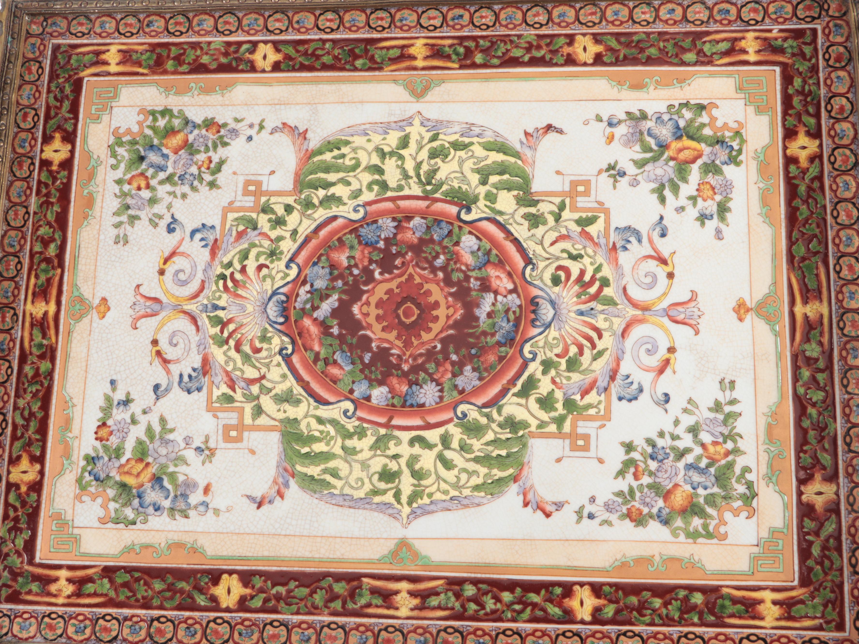 Castilian Imports Three Piece Hand-Painted Ceramic and Bronze Galleried Trays