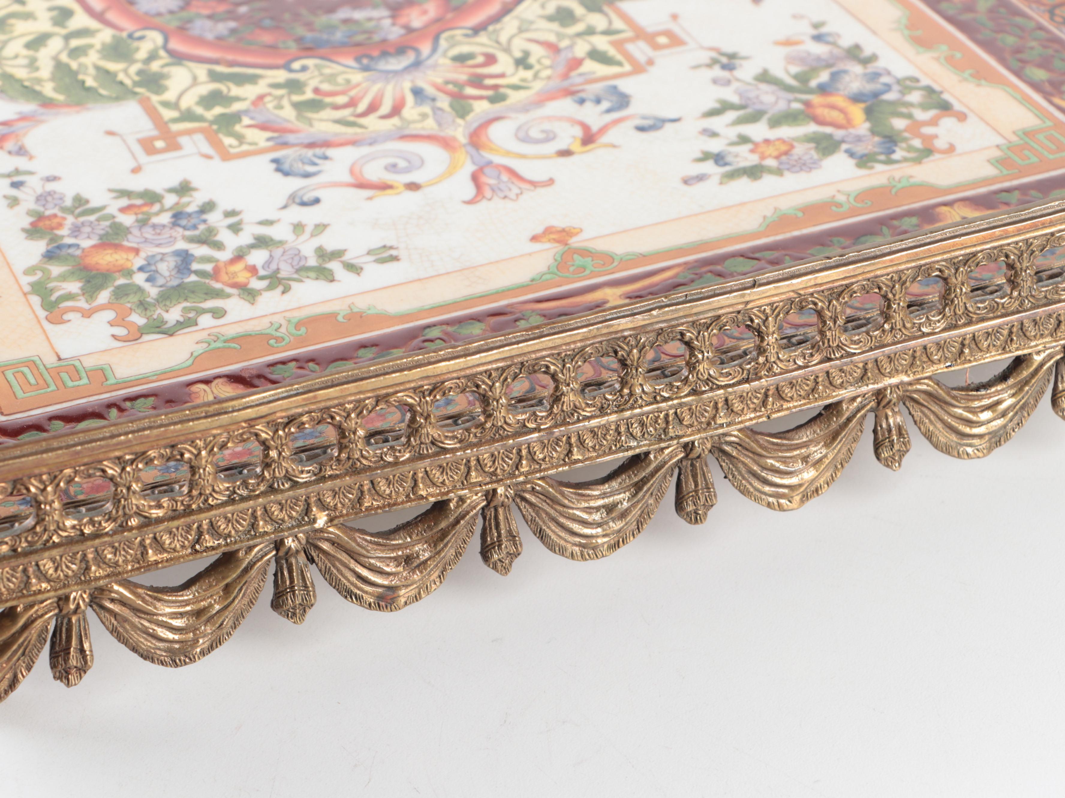 Castilian Imports Three Piece Hand-Painted Ceramic and Bronze Galleried Trays