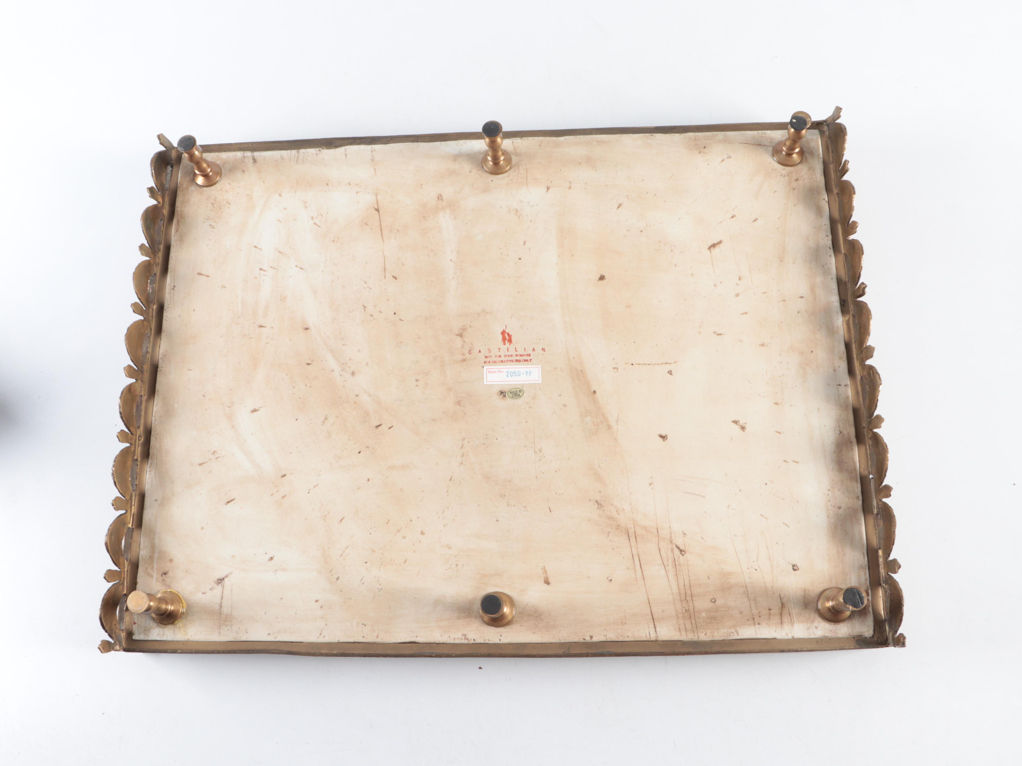 Castilian Imports Three Piece Hand-Painted Ceramic and Bronze Galleried Trays