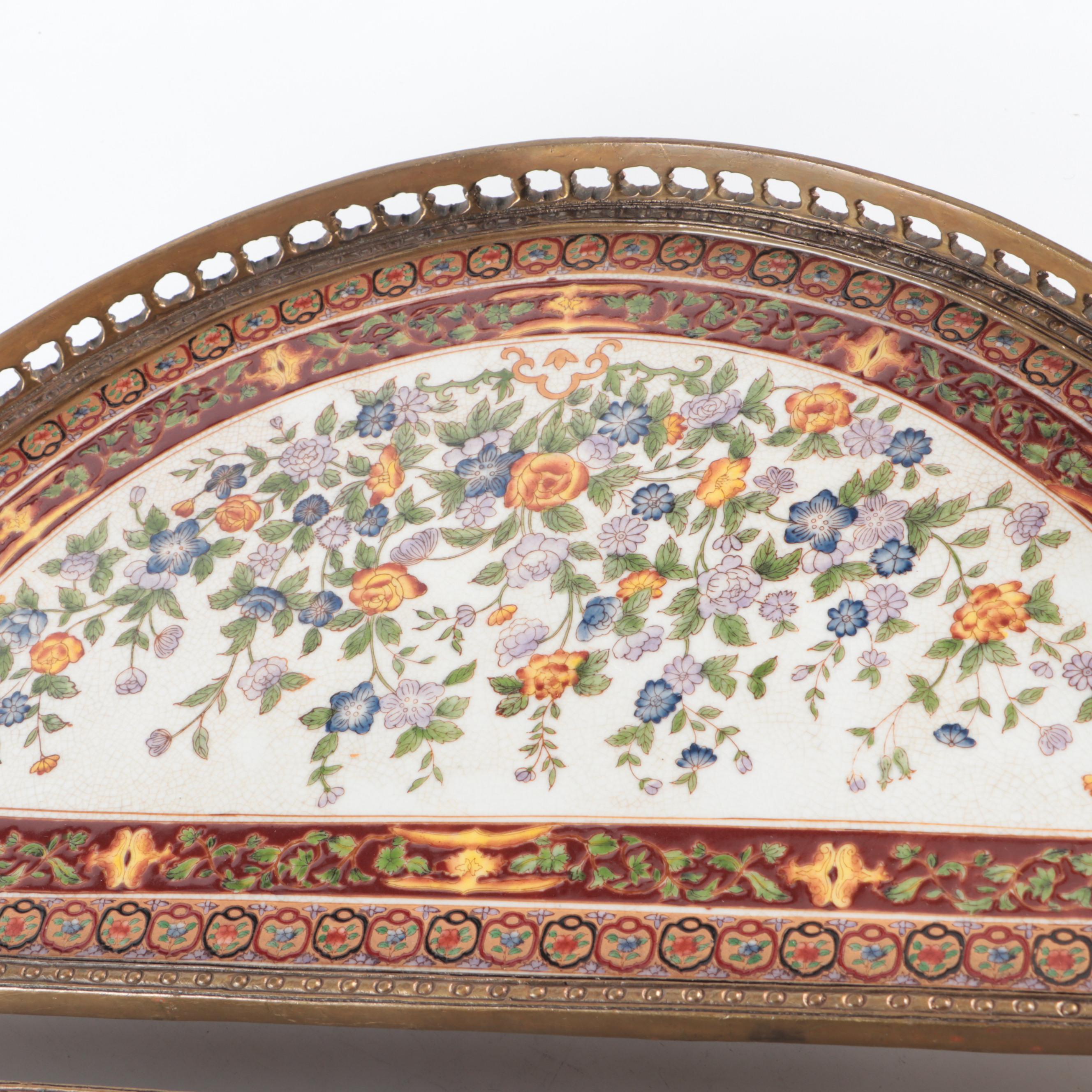 Castilian Imports Three Piece Hand-Painted Ceramic and Bronze Galleried Trays