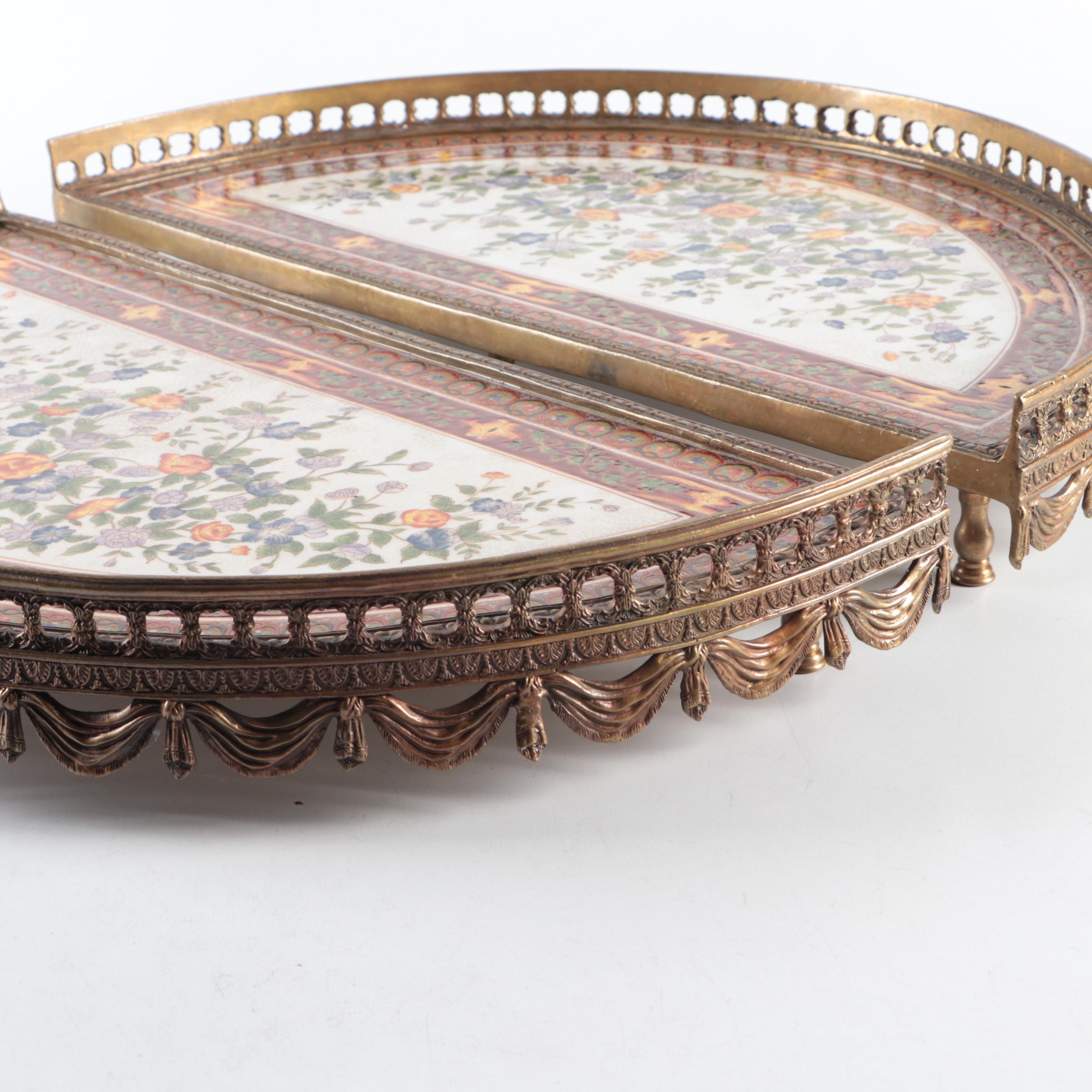 Castilian Imports Three Piece Hand-Painted Ceramic and Bronze Galleried Trays