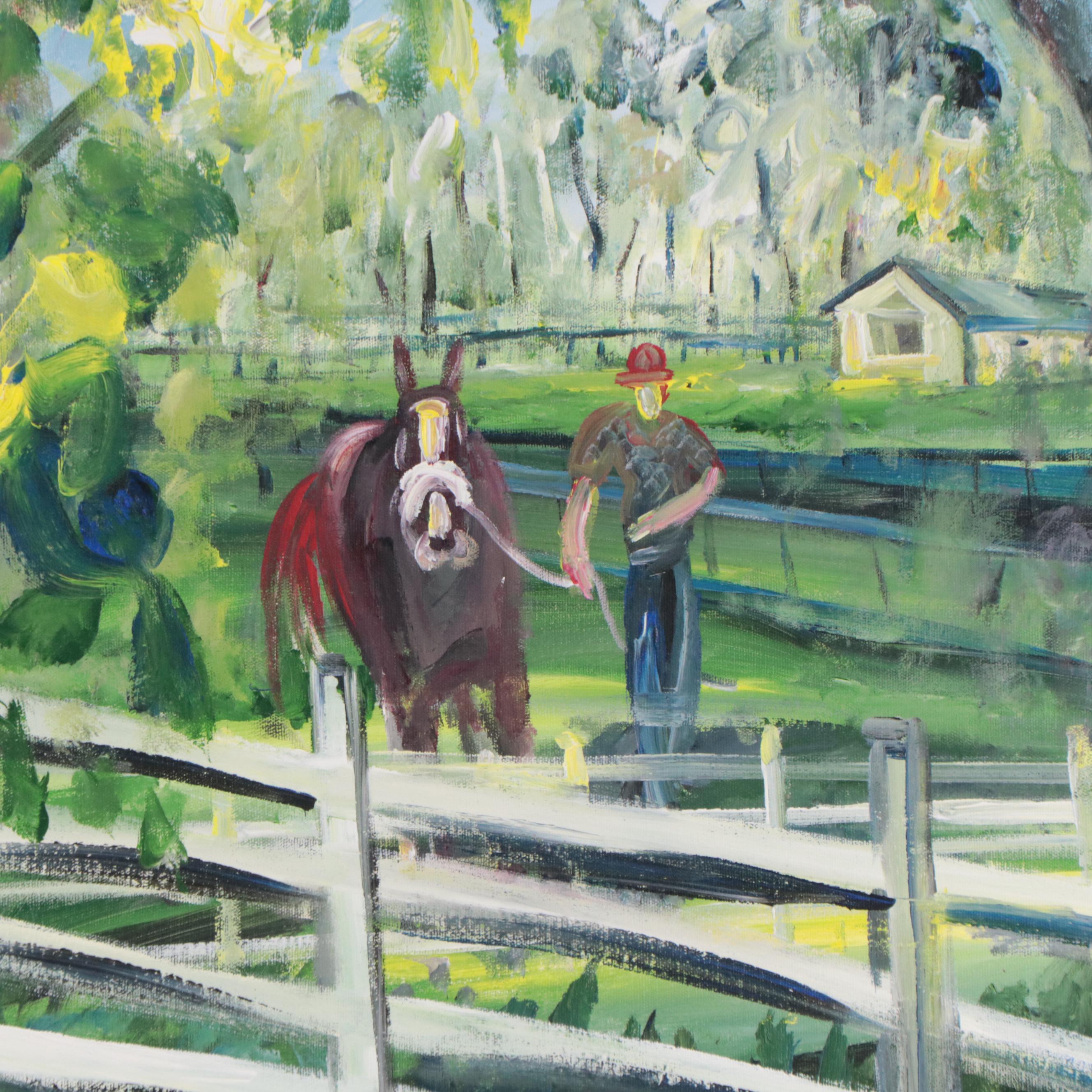 Landscape Oil Painting of Figure Walking Horse