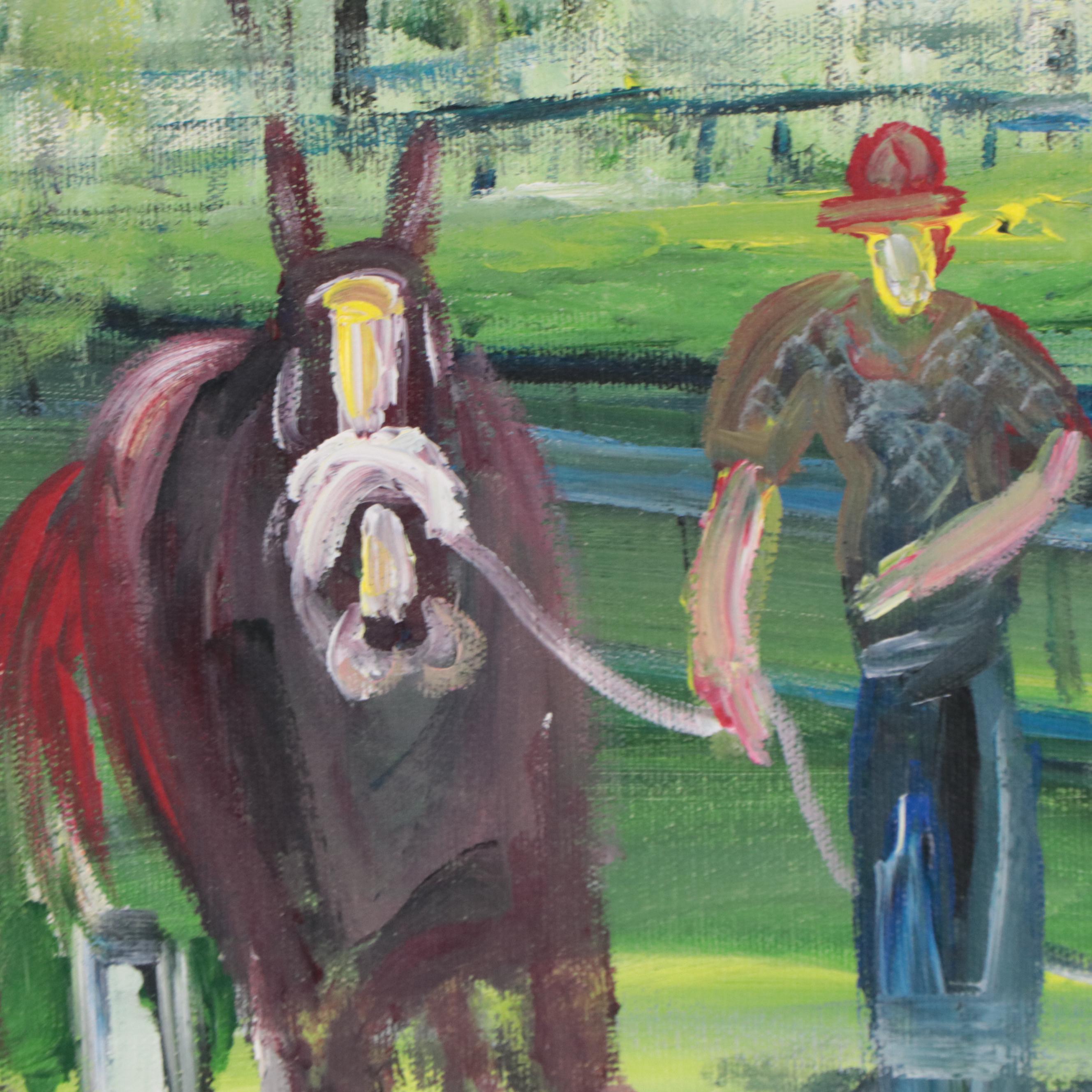 Landscape Oil Painting of Figure Walking Horse