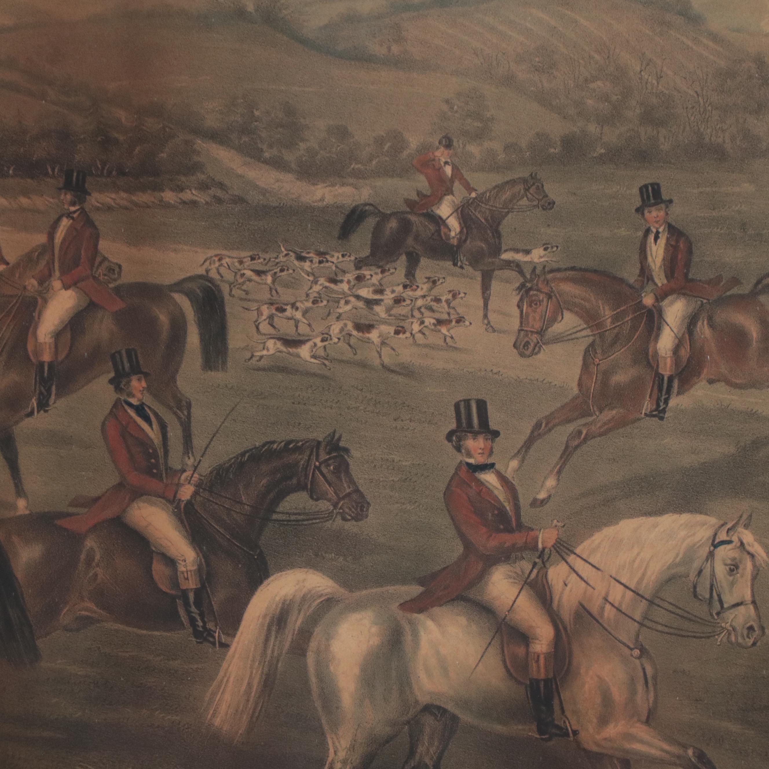 Hand-Colored Lithograph of Fox Hunting Scene