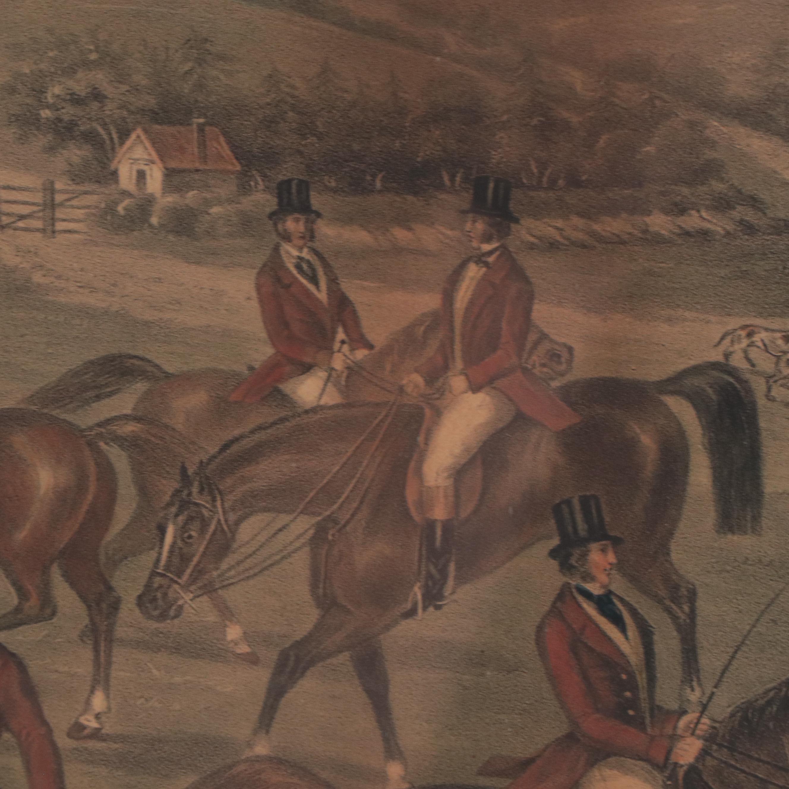 Hand-Colored Lithograph of Fox Hunting Scene