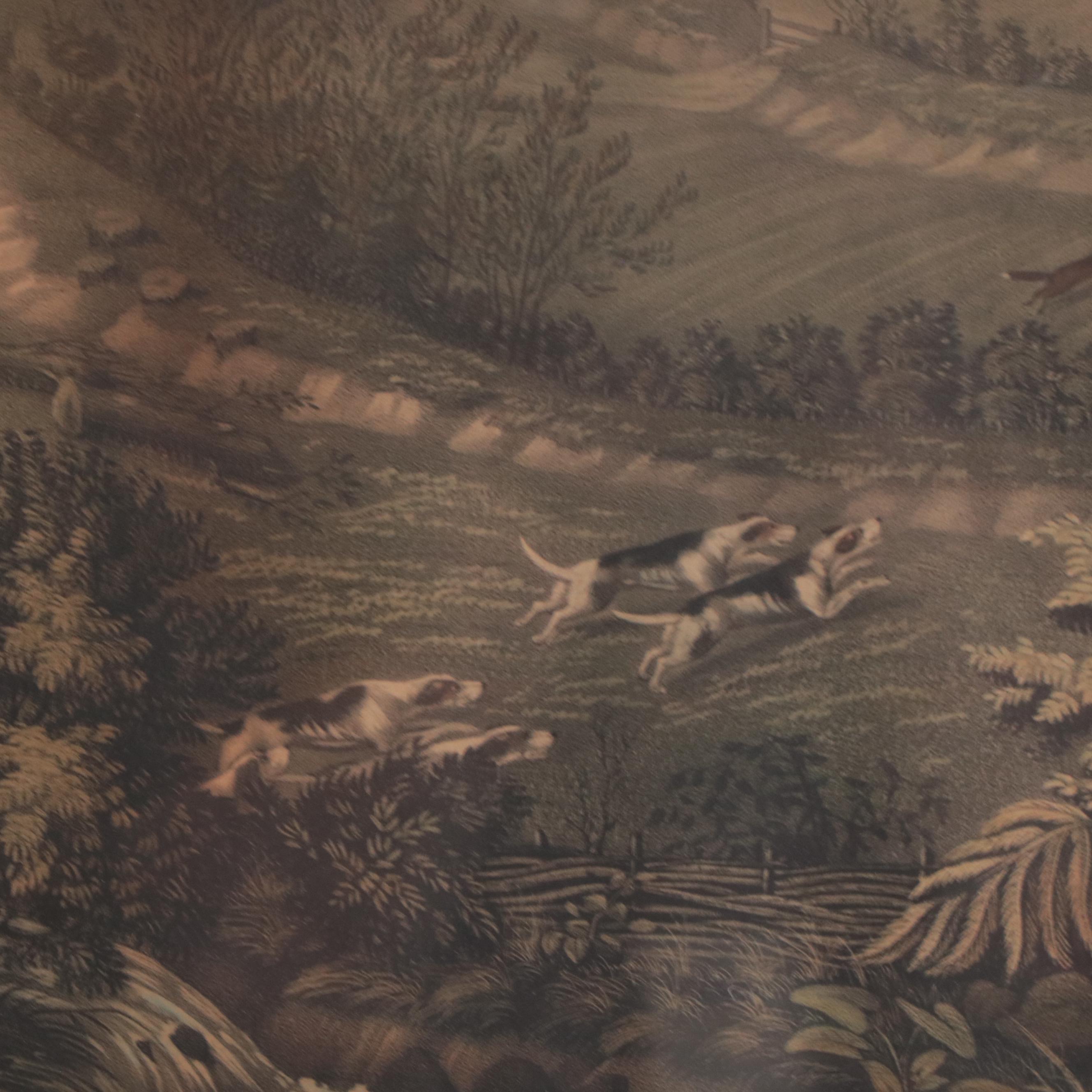 Hand-Colored Lithograph of Fox Hunting Scene