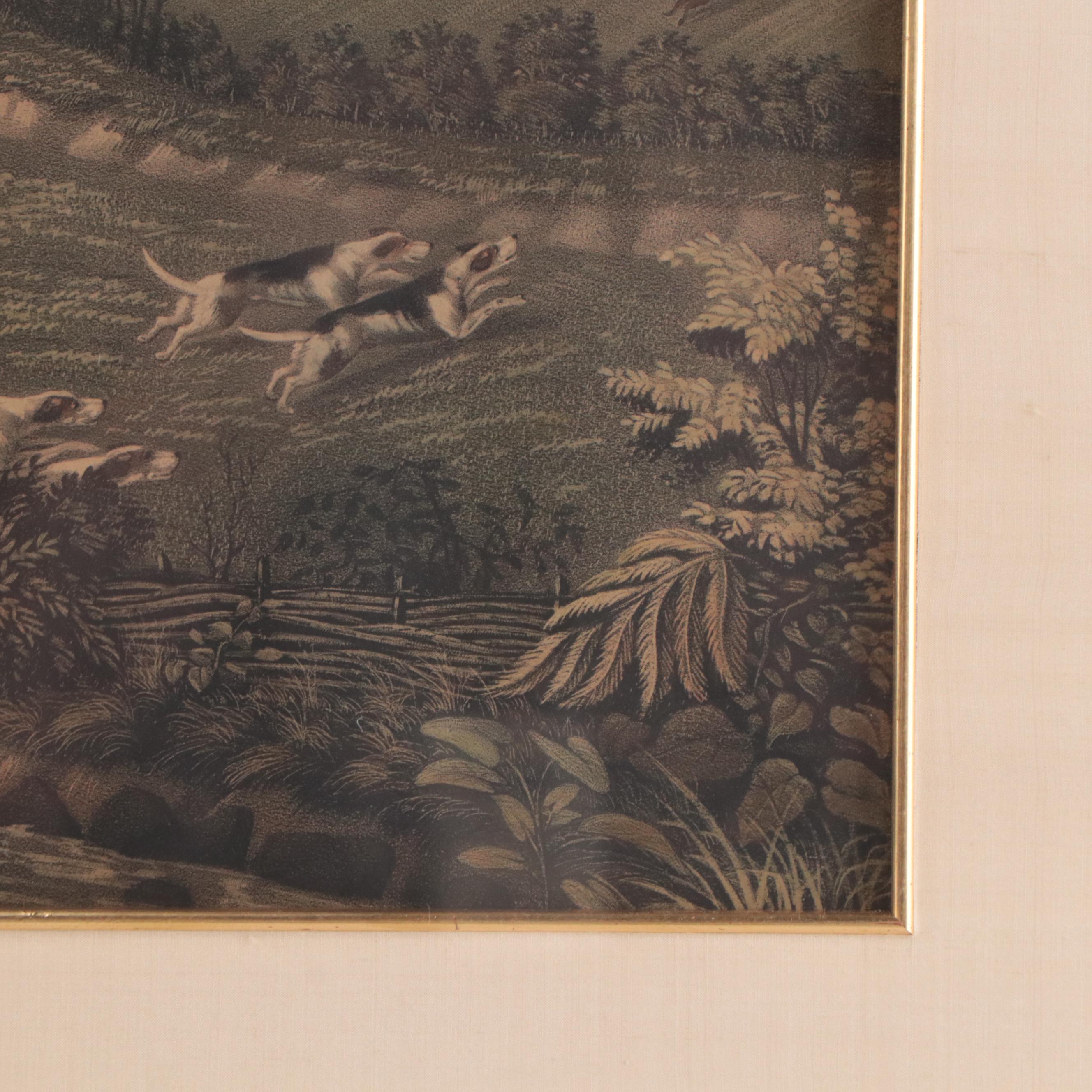 Hand-Colored Lithograph of Fox Hunting Scene