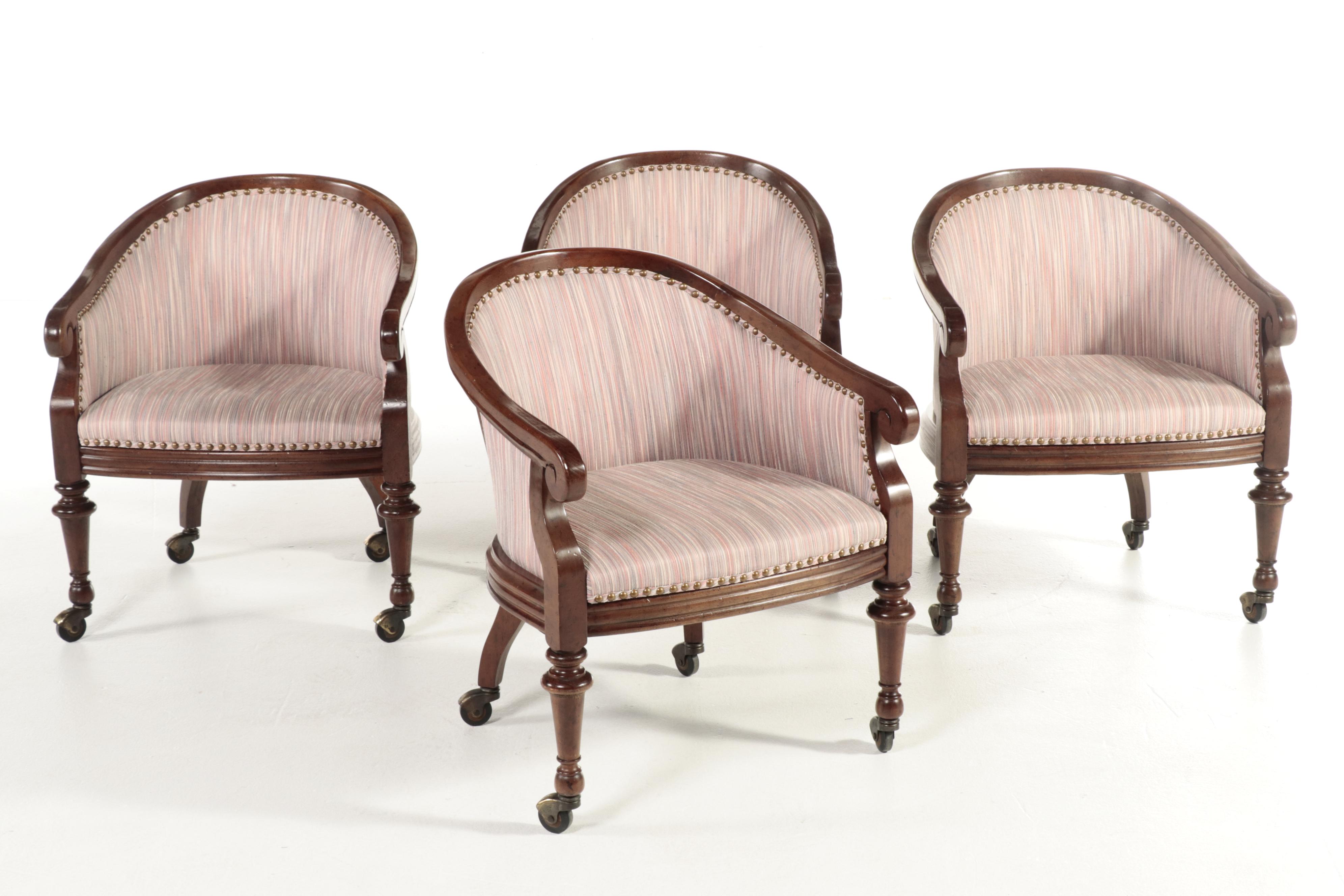 Renaissance Style Wooden Expansion Pedestal Table with Four Rolling Tub Chairs