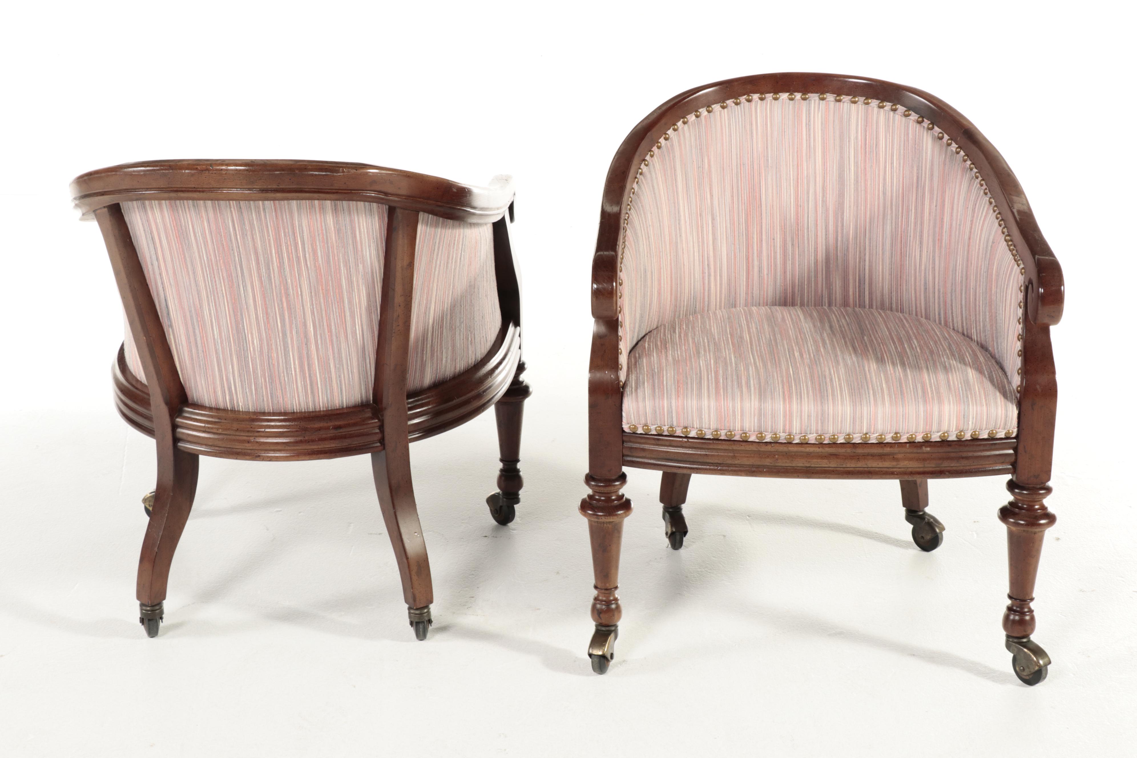 Renaissance Style Wooden Expansion Pedestal Table with Four Rolling Tub Chairs