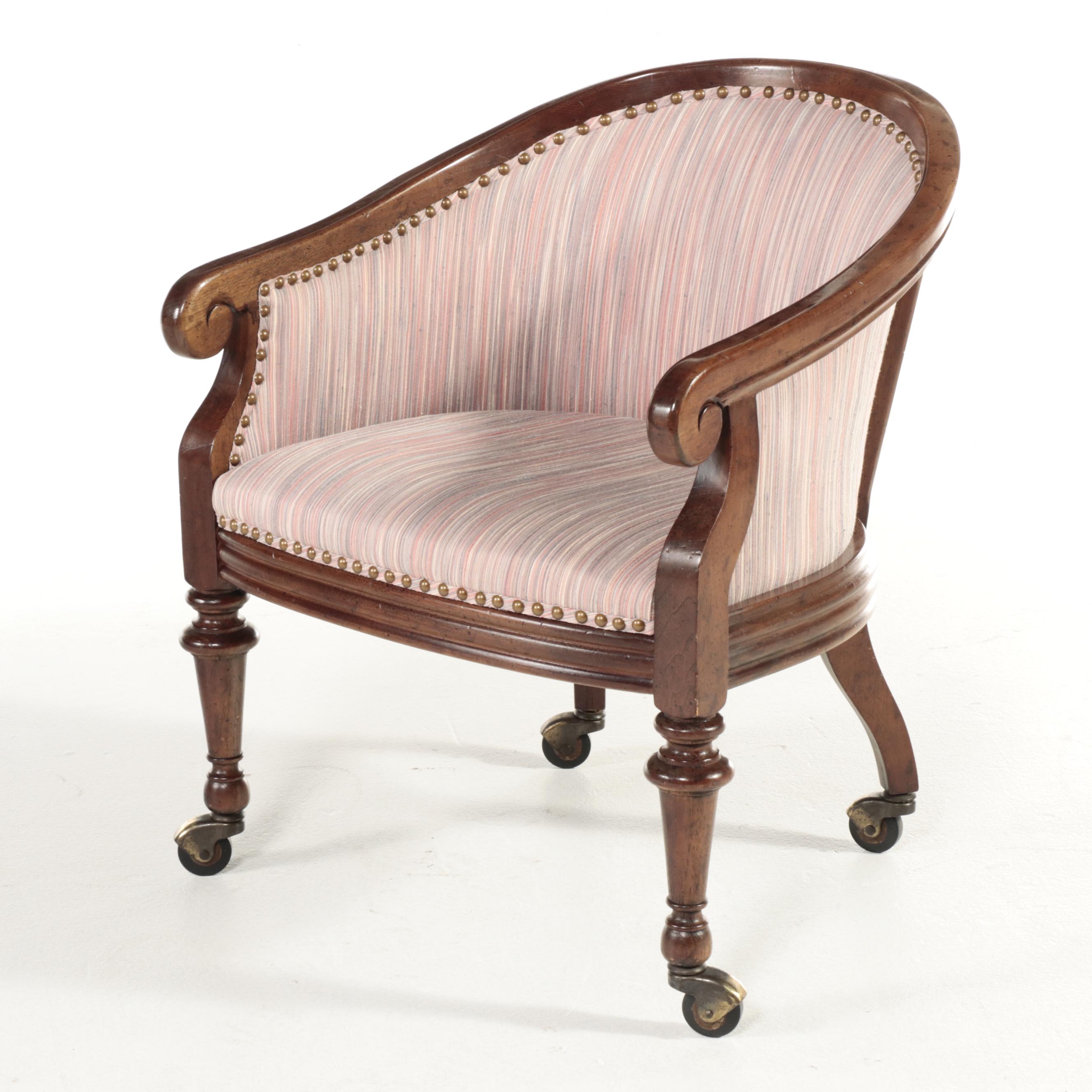 Renaissance Style Wooden Expansion Pedestal Table with Four Rolling Tub Chairs