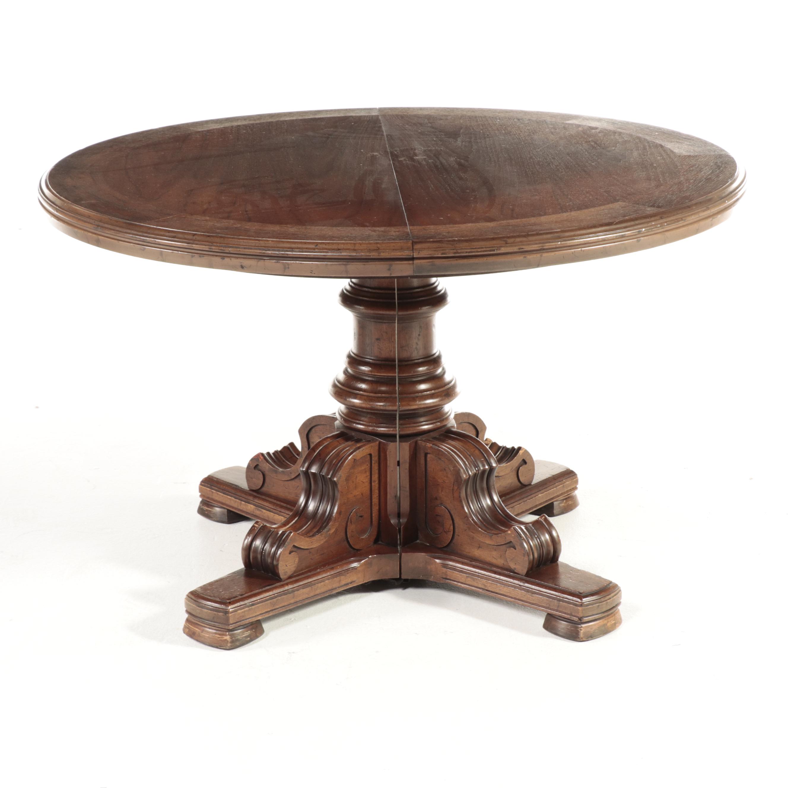 Renaissance Style Wooden Expansion Pedestal Table with Four Rolling Tub Chairs