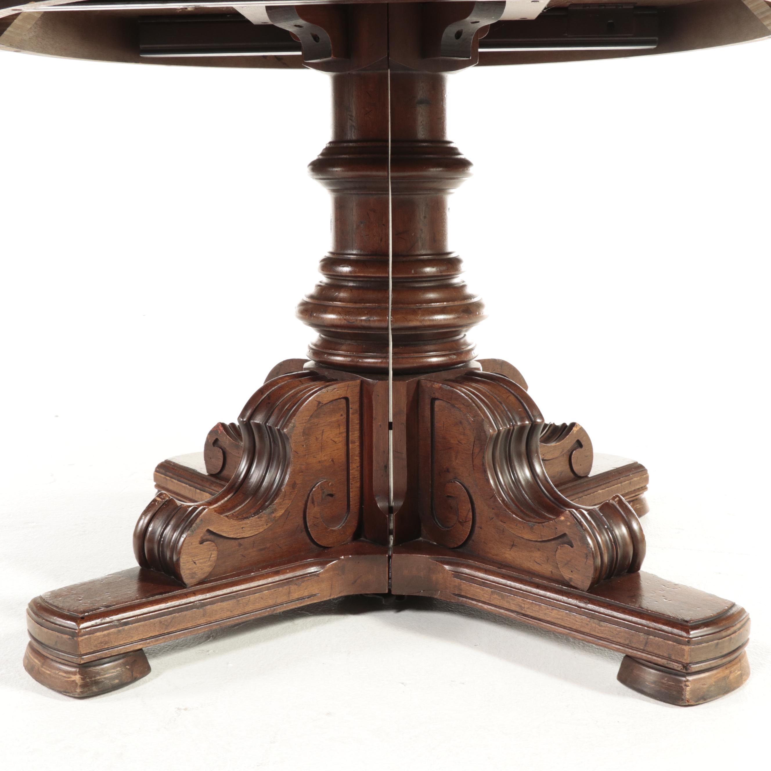 Renaissance Style Wooden Expansion Pedestal Table with Four Rolling Tub Chairs