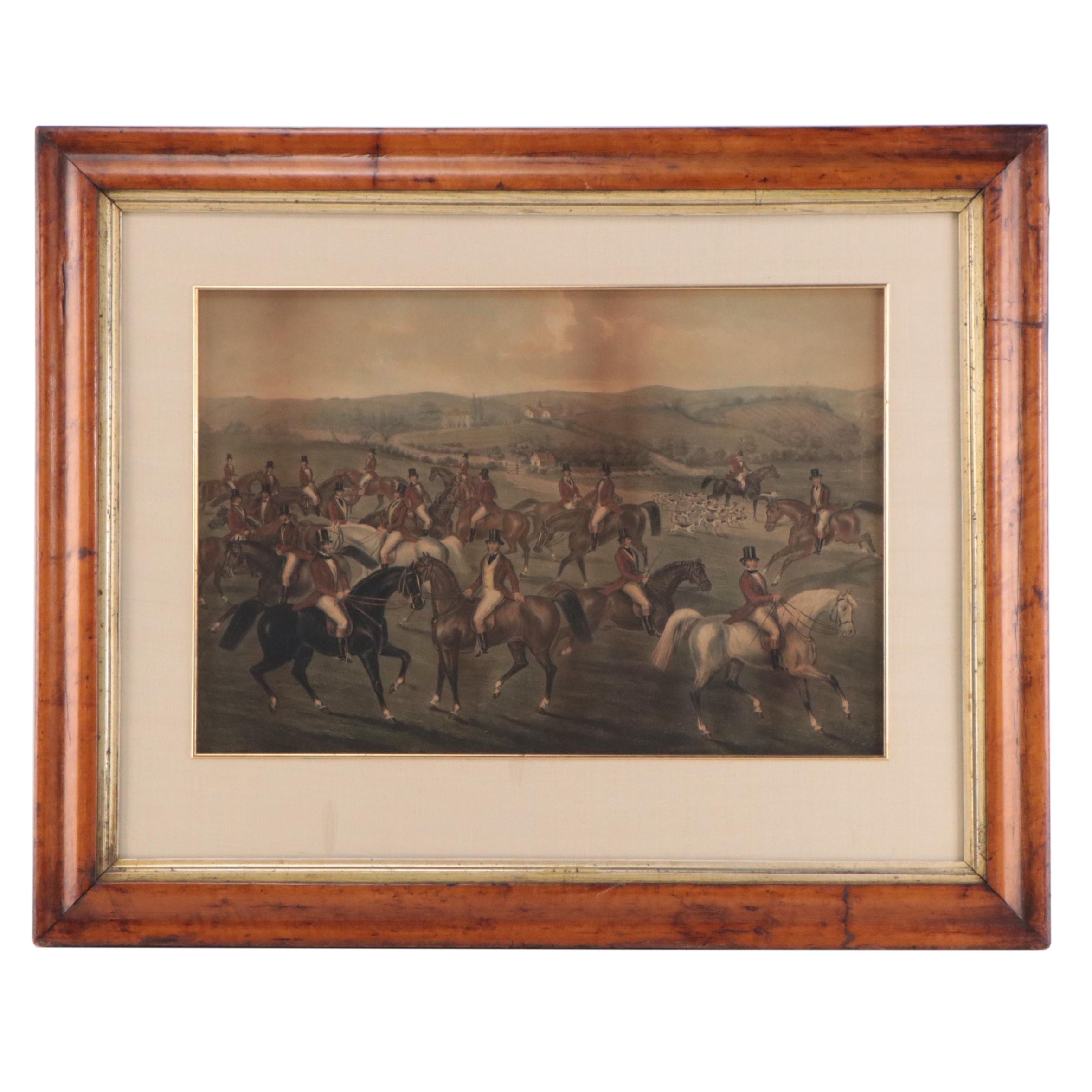Hand-Colored Lithograph of Fox Hunting Scene
