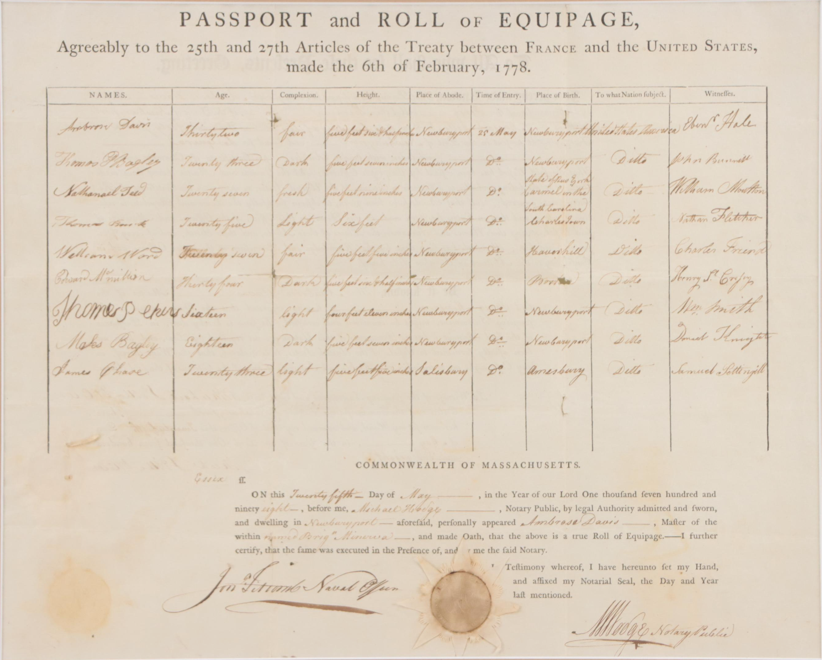 Passport and Roll of Equipage Nautical Certificate, 1798