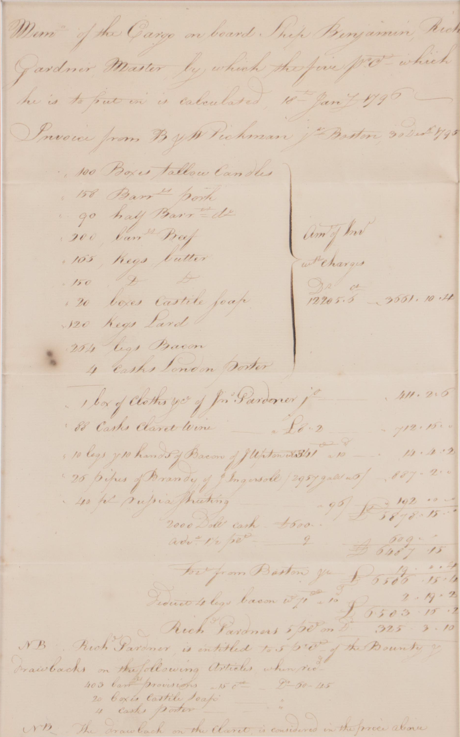 Hand-Scripted Ship Cargo Invoice, Circa 1795