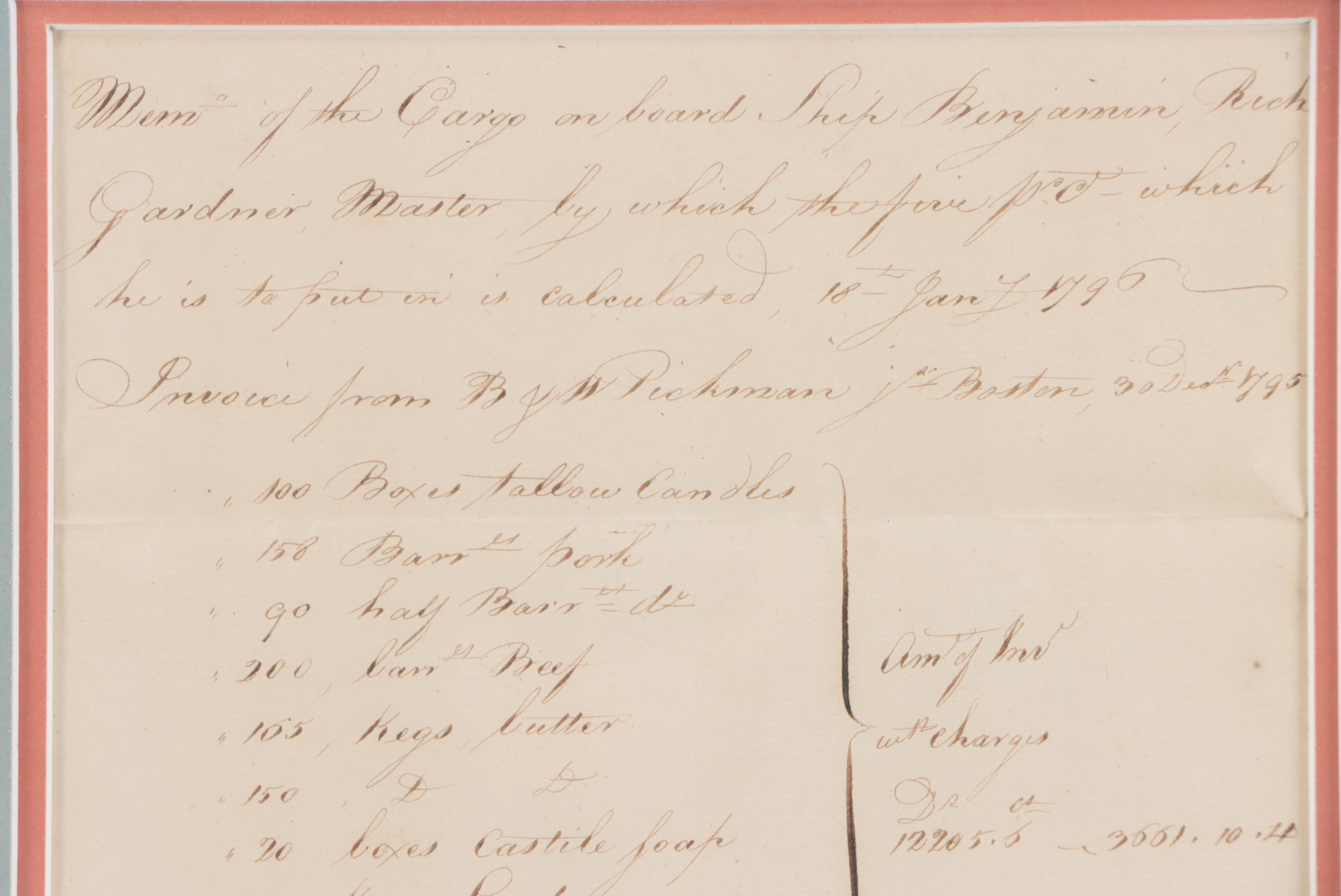 Hand-Scripted Ship Cargo Invoice, Circa 1795
