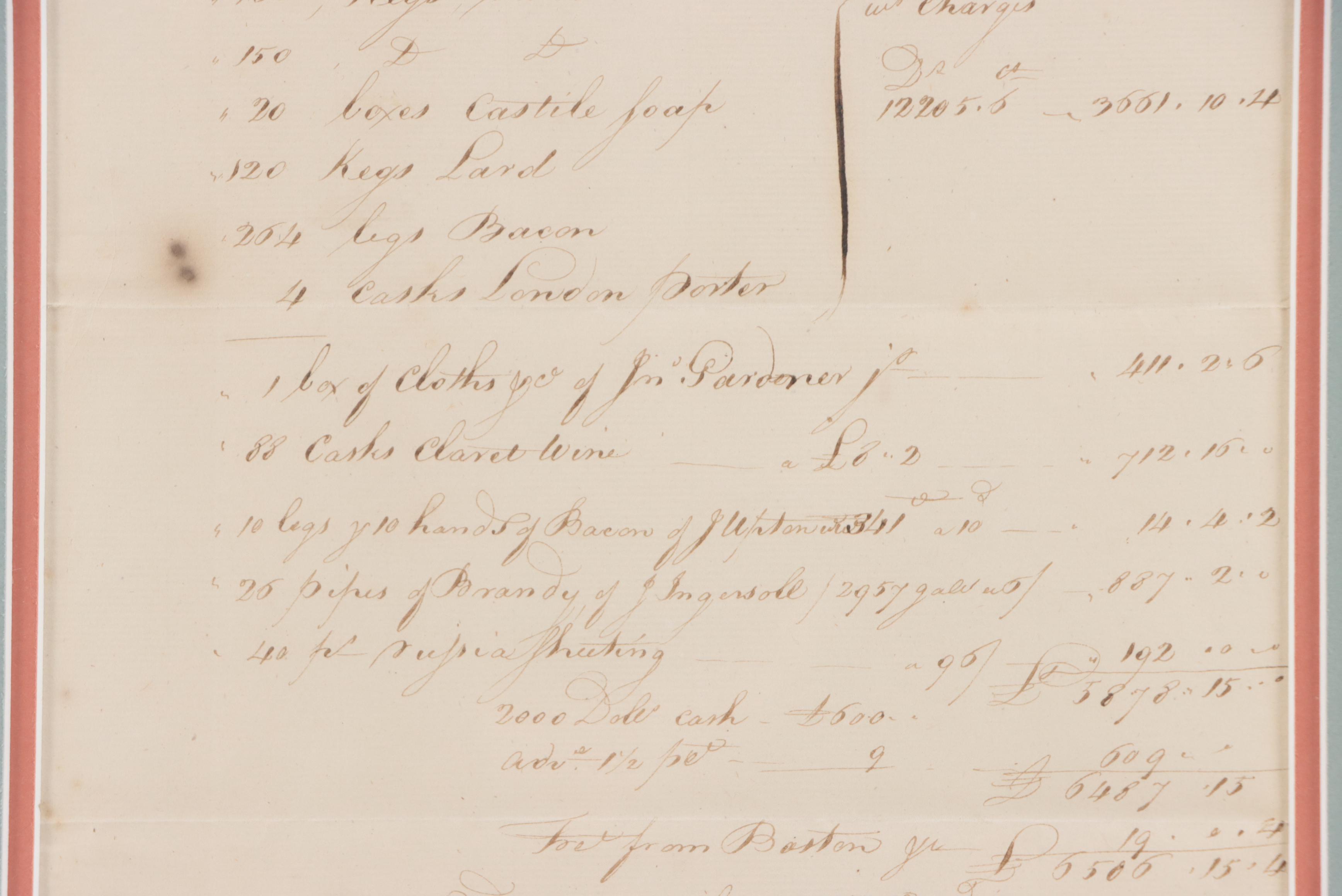 Hand-Scripted Ship Cargo Invoice, Circa 1795