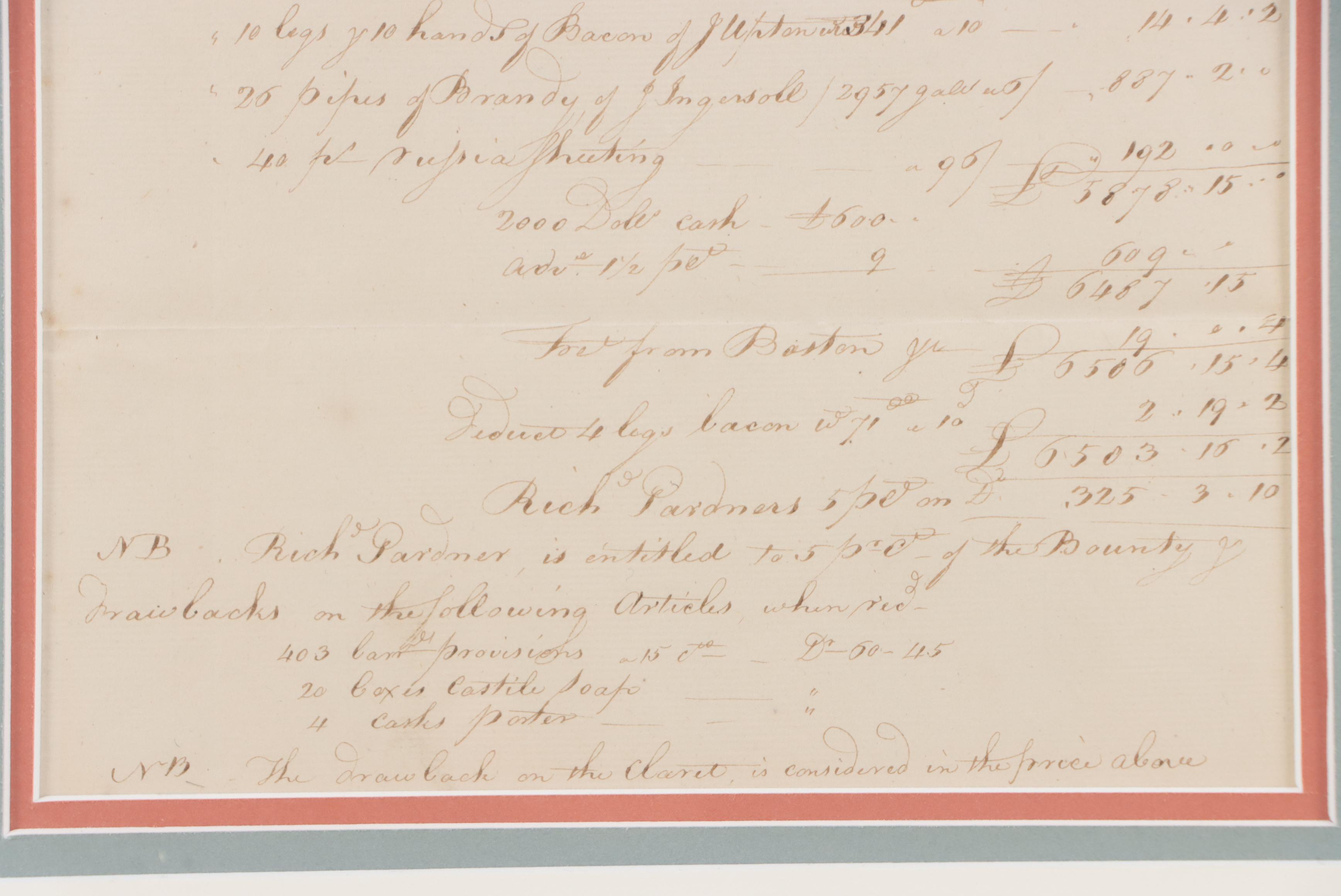Hand-Scripted Ship Cargo Invoice, Circa 1795