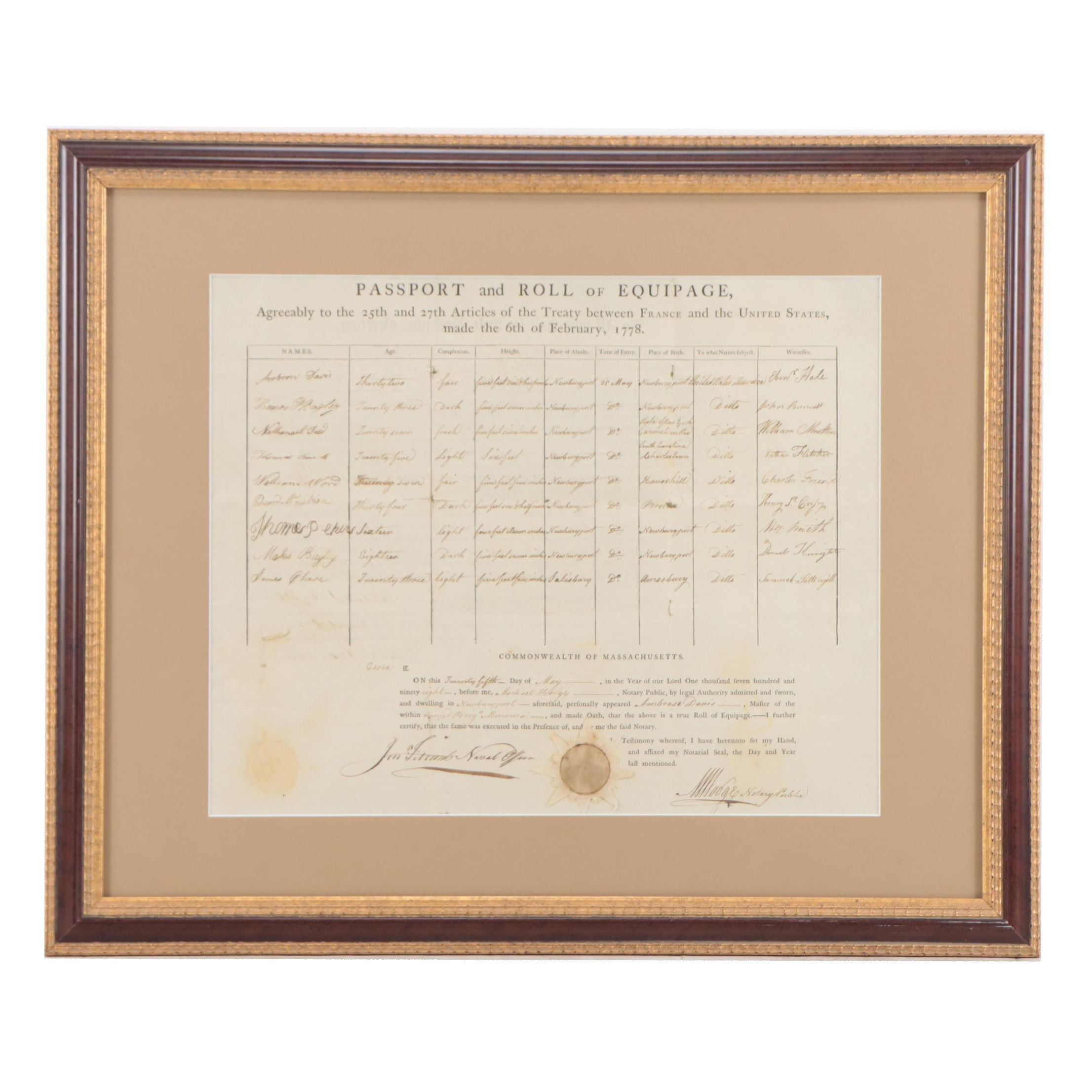 Passport and Roll of Equipage Nautical Certificate, 1798