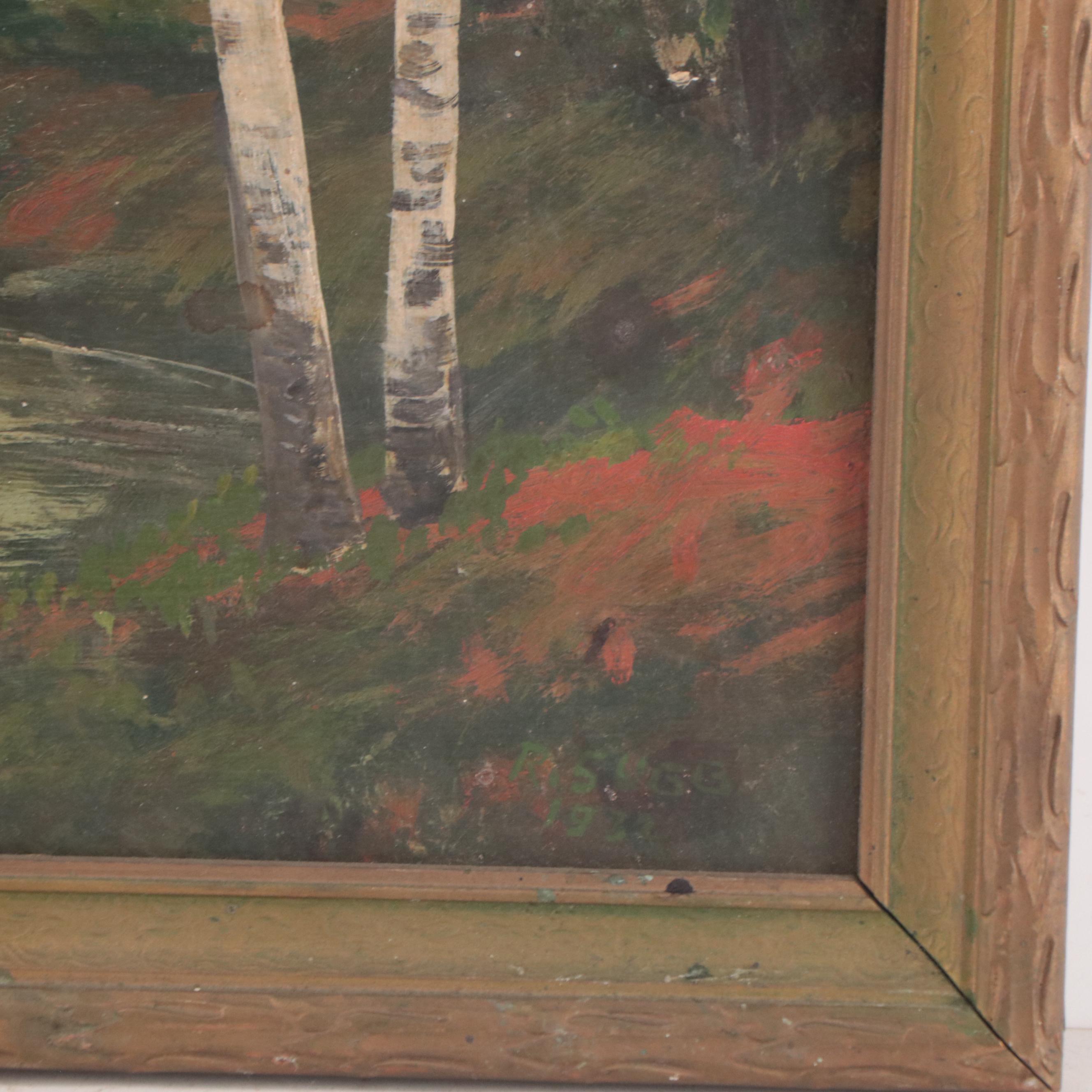 Naive Pond Landscape Oil Painting, 1932