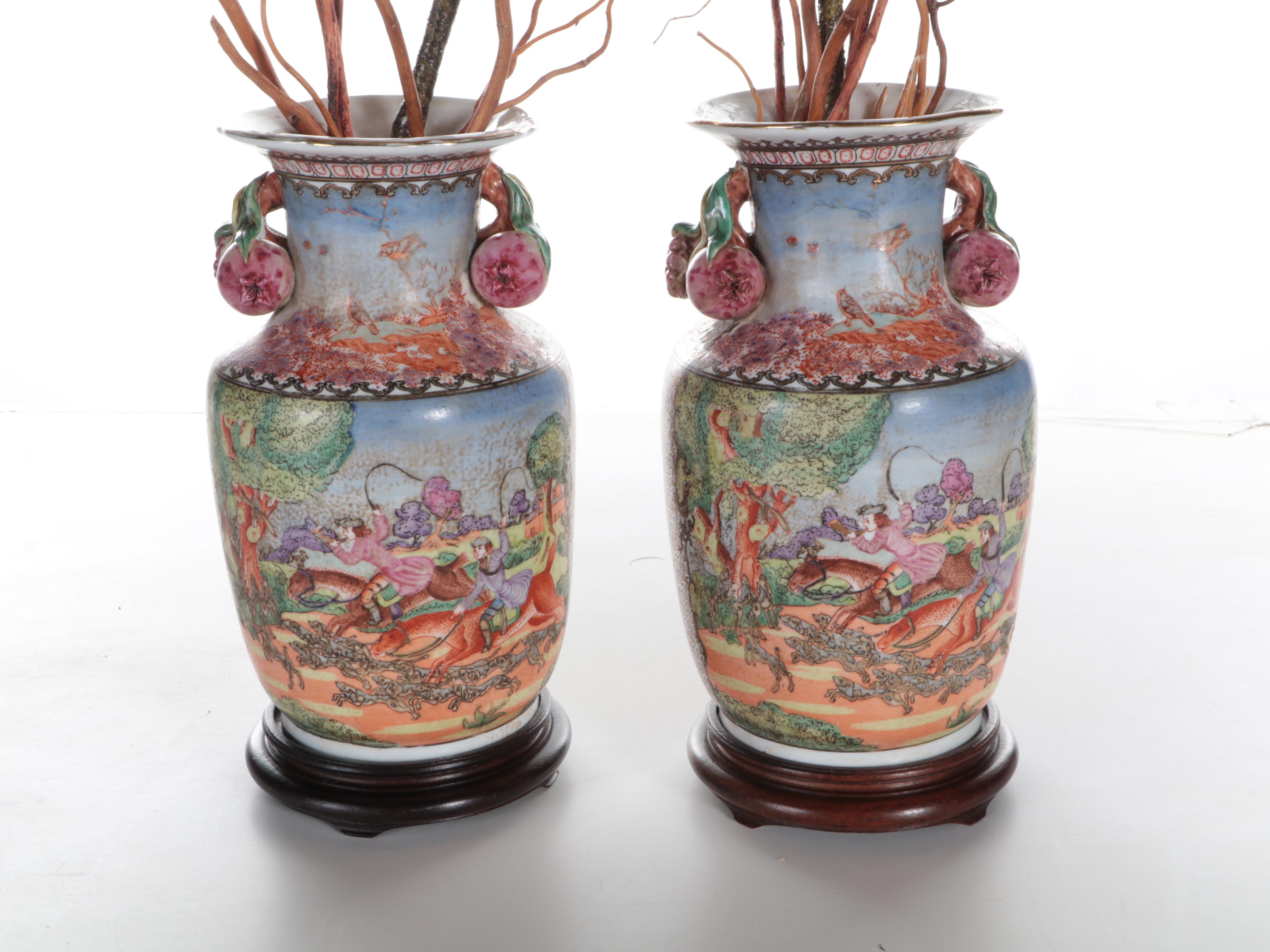 Pair of Chinese Export Style Porcelain Hunt Scene Vases