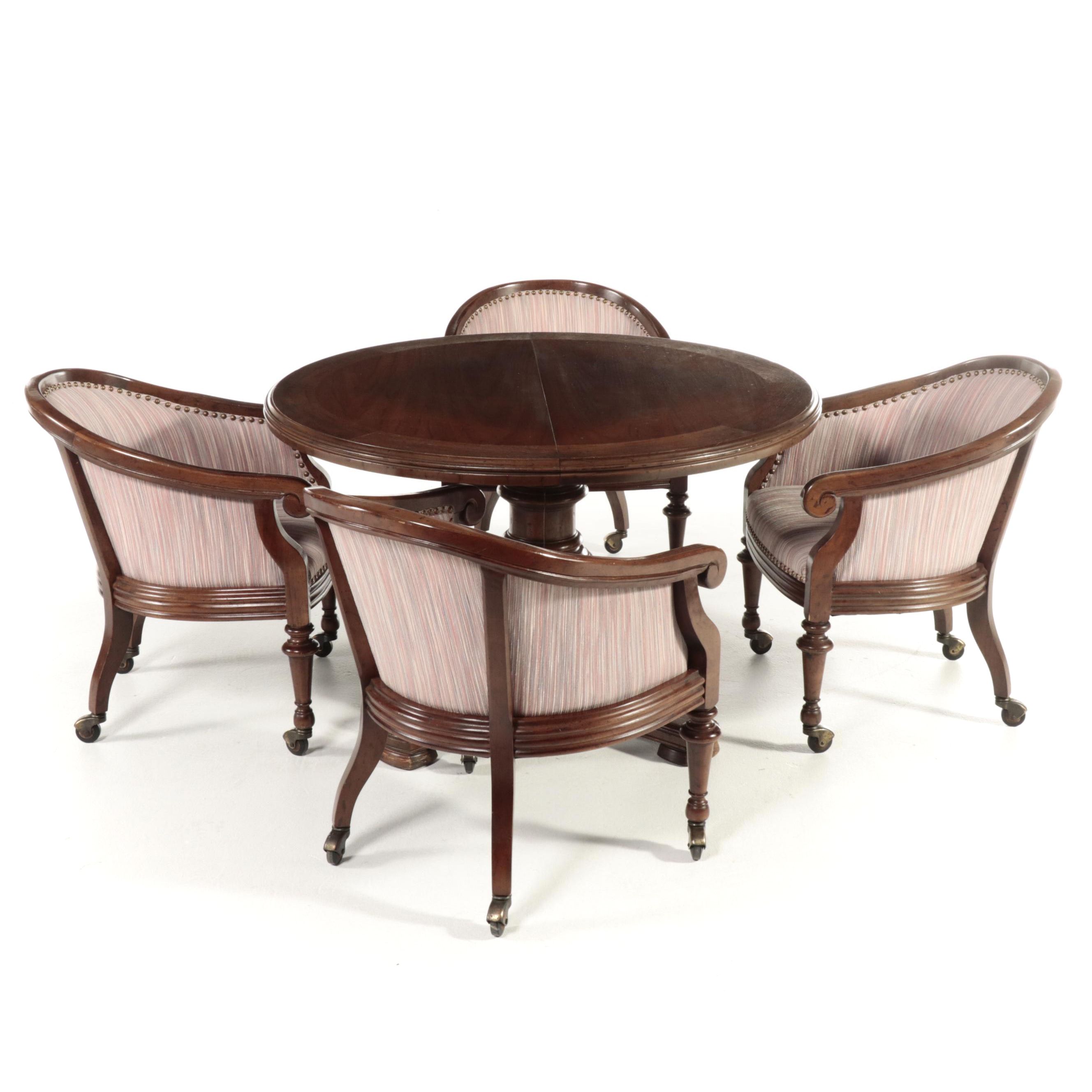 Renaissance Style Wooden Expansion Pedestal Table with Four Rolling Tub Chairs