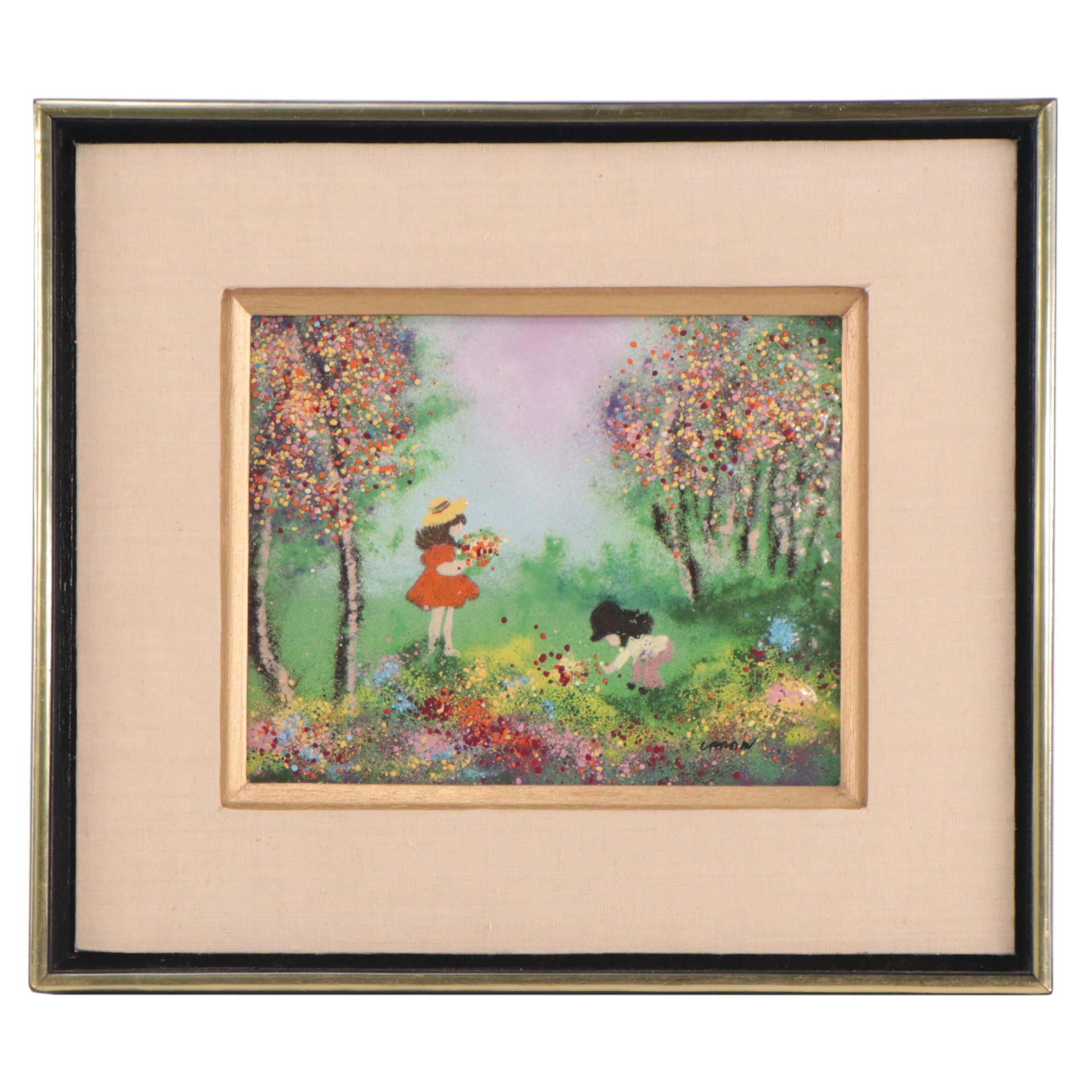 Louis Cardin Impressionist Style Enamel Painting of Two Young Girls